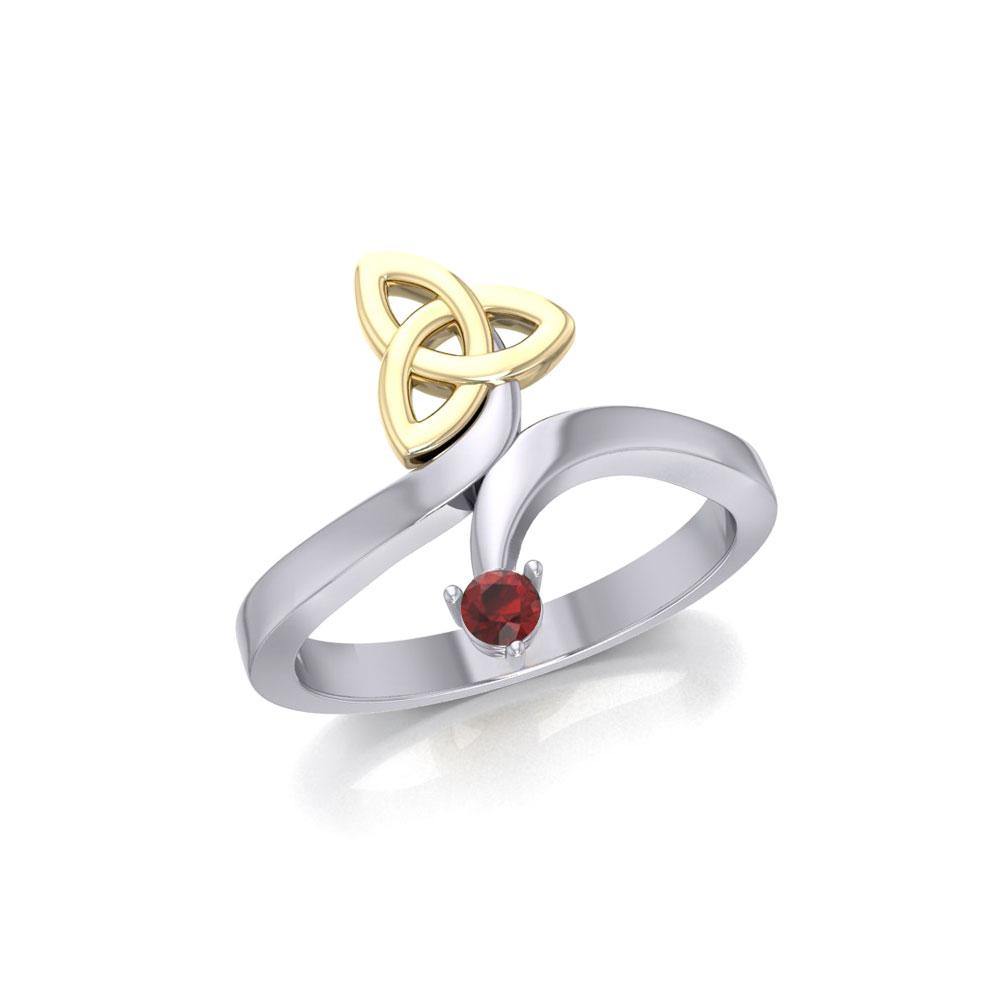 Celtic Trinity Knot with Round Gem Silver and 14K Gold Accent Ring MRI1788