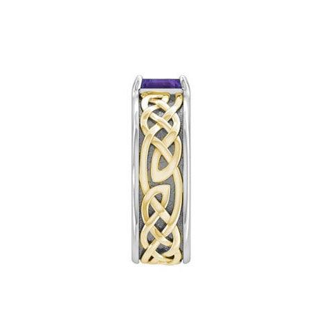 Celtic Knotwork Silver and 14K Gold Accent Wedding Ring with Gemstone MRI2361