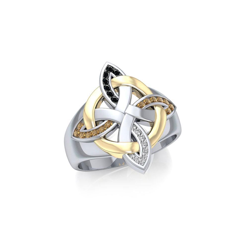 Celtic Four Point Knot Silver Ring With 18k Gold Accents MRI656 By Peter Stone Jewelry