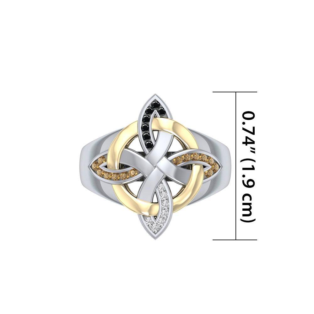 Celtic Four Point Knot Silver Ring With 18k Gold Accents MRI656 By Peter Stone Jewelry