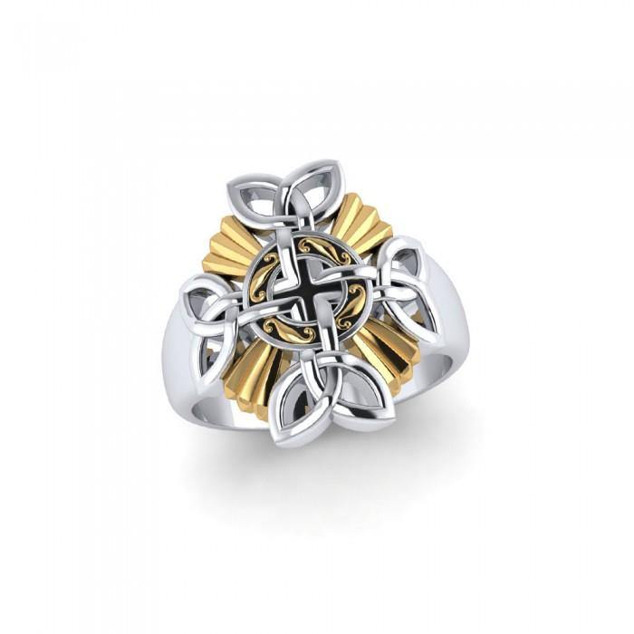 Sterling Silver Celtic Cross Ring With 18K Gold Accent MRI661 Modern Classic Jewelry For Spiritual Style