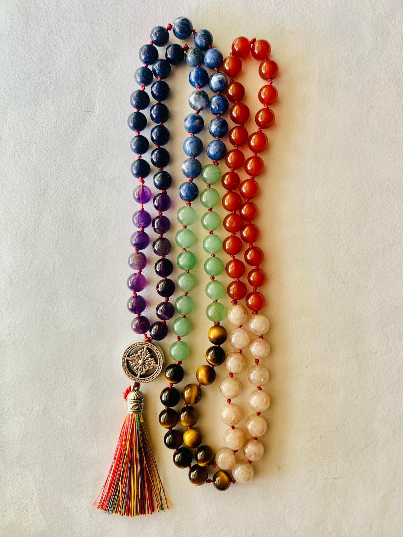 Ma'at Mala - Balance - Red Carnelian, Peach Moonstone, Yellow Tiger Eye, Green Aventurine, Sodalite, Lapis Lazuli, Amethyst | | Wiccan Center