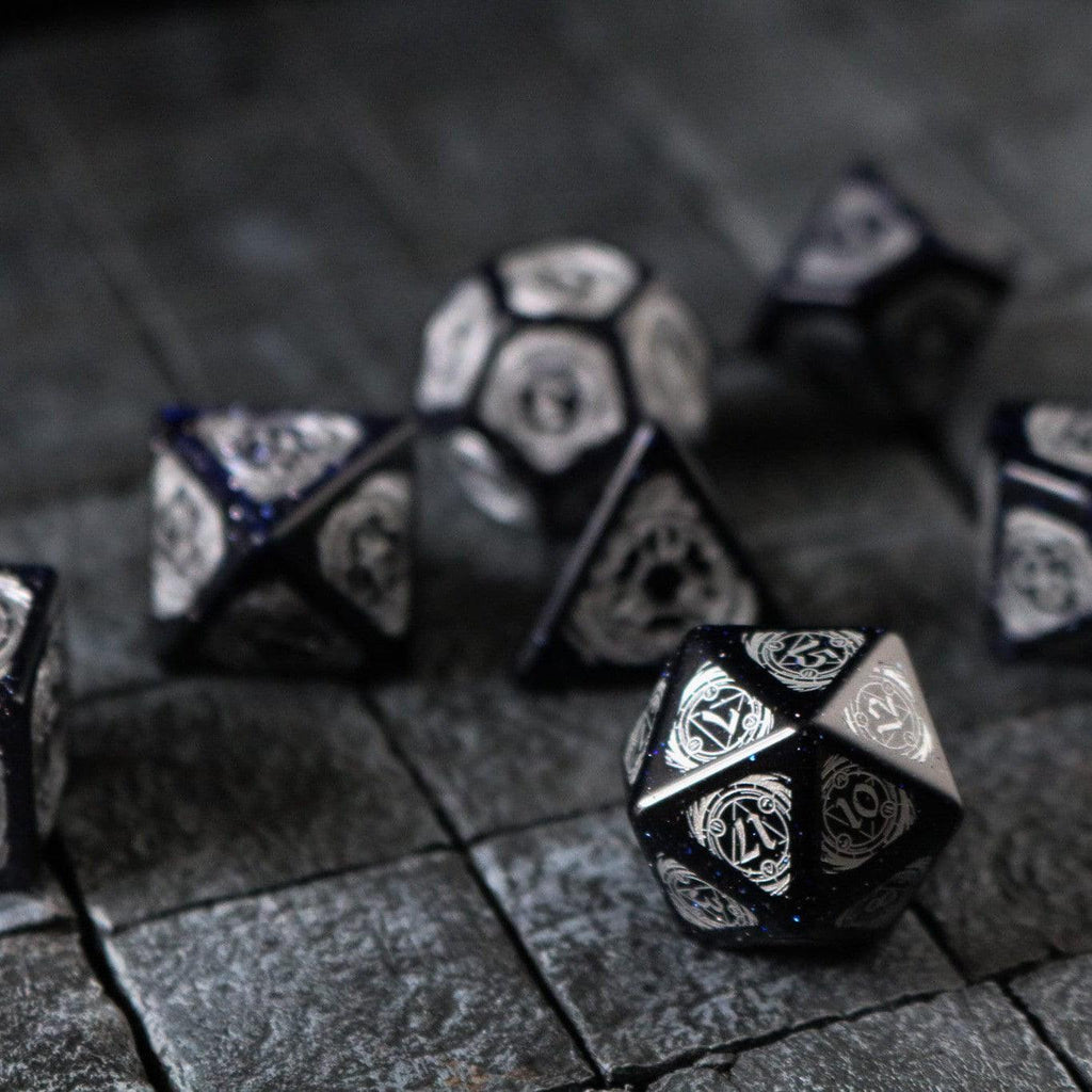 Mage Fury Blue Sandstone Silver Font Gemstone DND Dice Set | Gemstone Dice | Wiccan Center