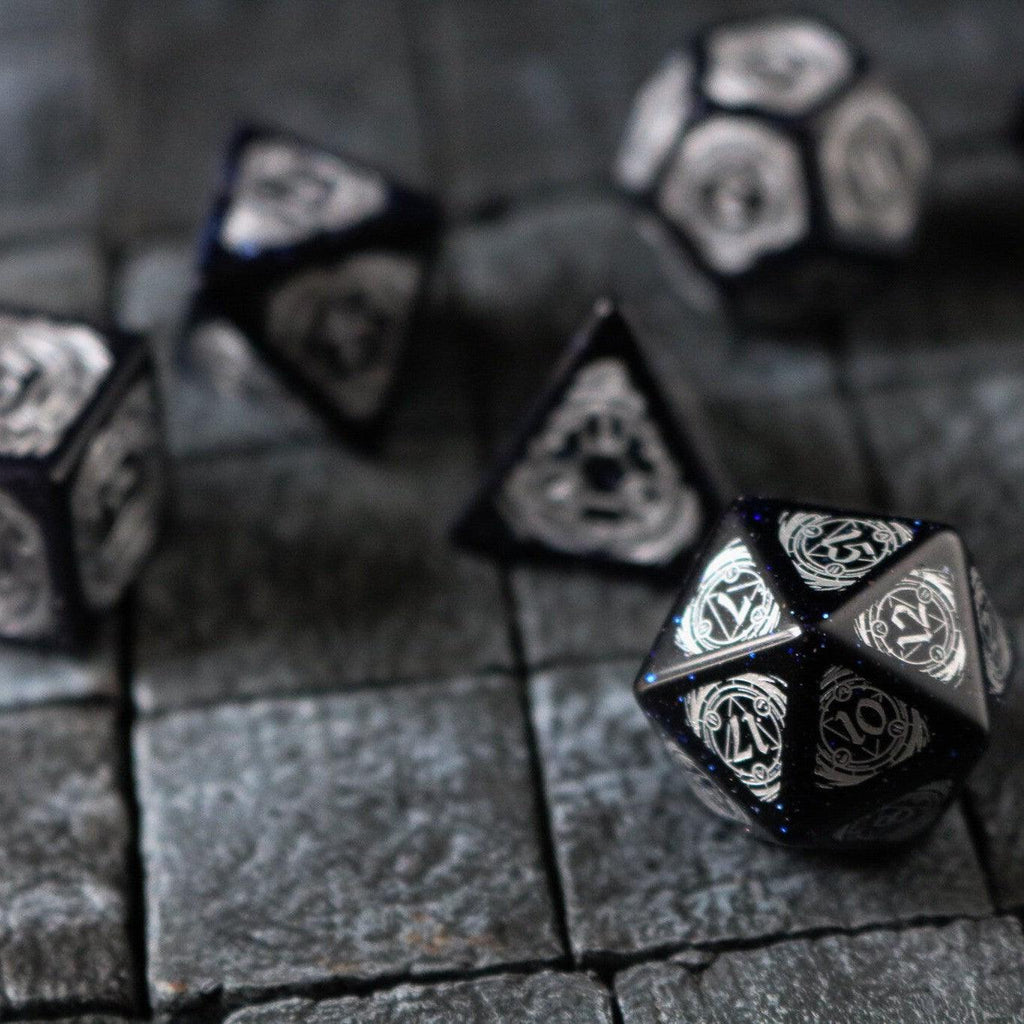 Mage Fury Blue Sandstone Silver Font Gemstone DND Dice Set | Gemstone Dice | Wiccan Center