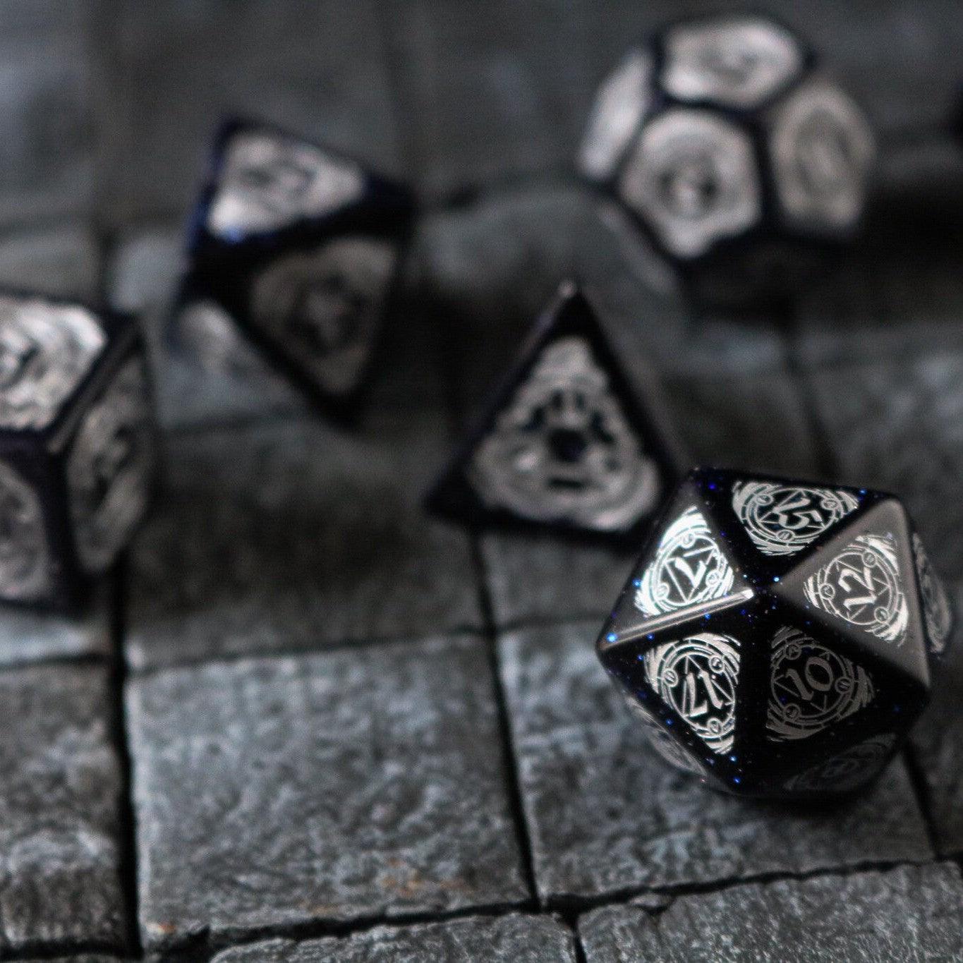 Mage Fury Blue Sandstone Silver Font Gemstone DND Dice Set | Gemstone Dice | Wiccan Center