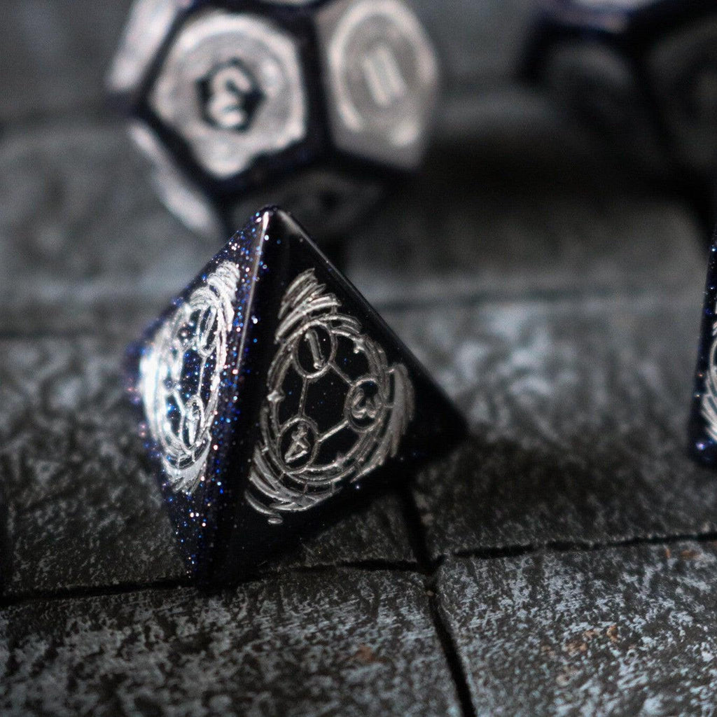 Mage Fury Blue Sandstone Silver Font Gemstone DND Dice Set | Gemstone Dice | Wiccan Center