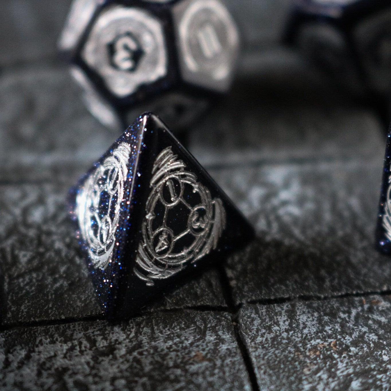 Mage Fury Blue Sandstone Silver Font Gemstone DND Dice Set | Gemstone Dice | Wiccan Center