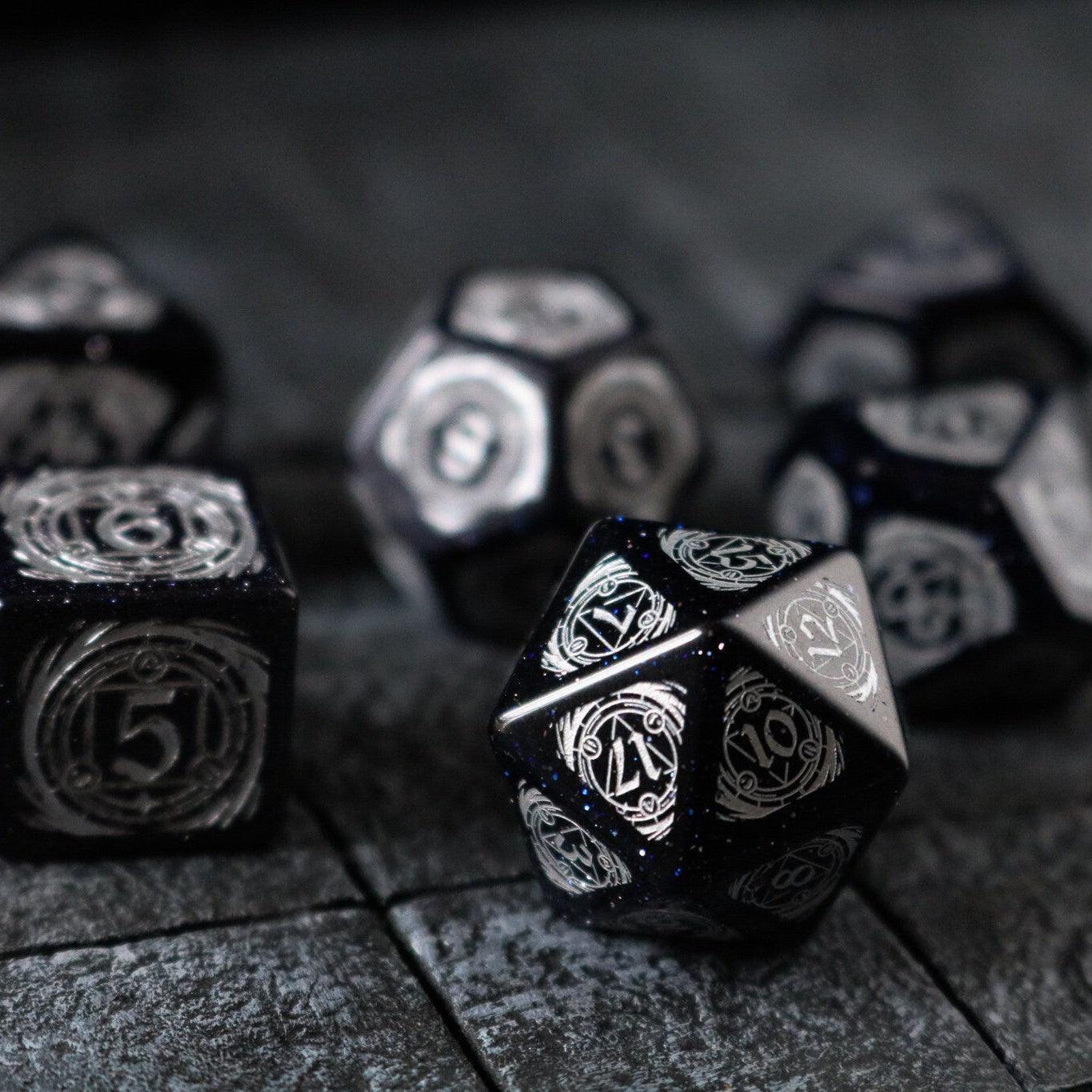 Mage Fury Blue Sandstone Silver Font Gemstone DND Dice Set | Gemstone Dice | Wiccan Center
