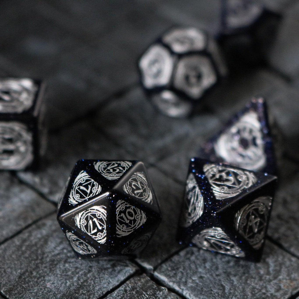 Mage Fury Blue Sandstone Silver Font Gemstone DND Dice Set | Gemstone Dice | Wiccan Center
