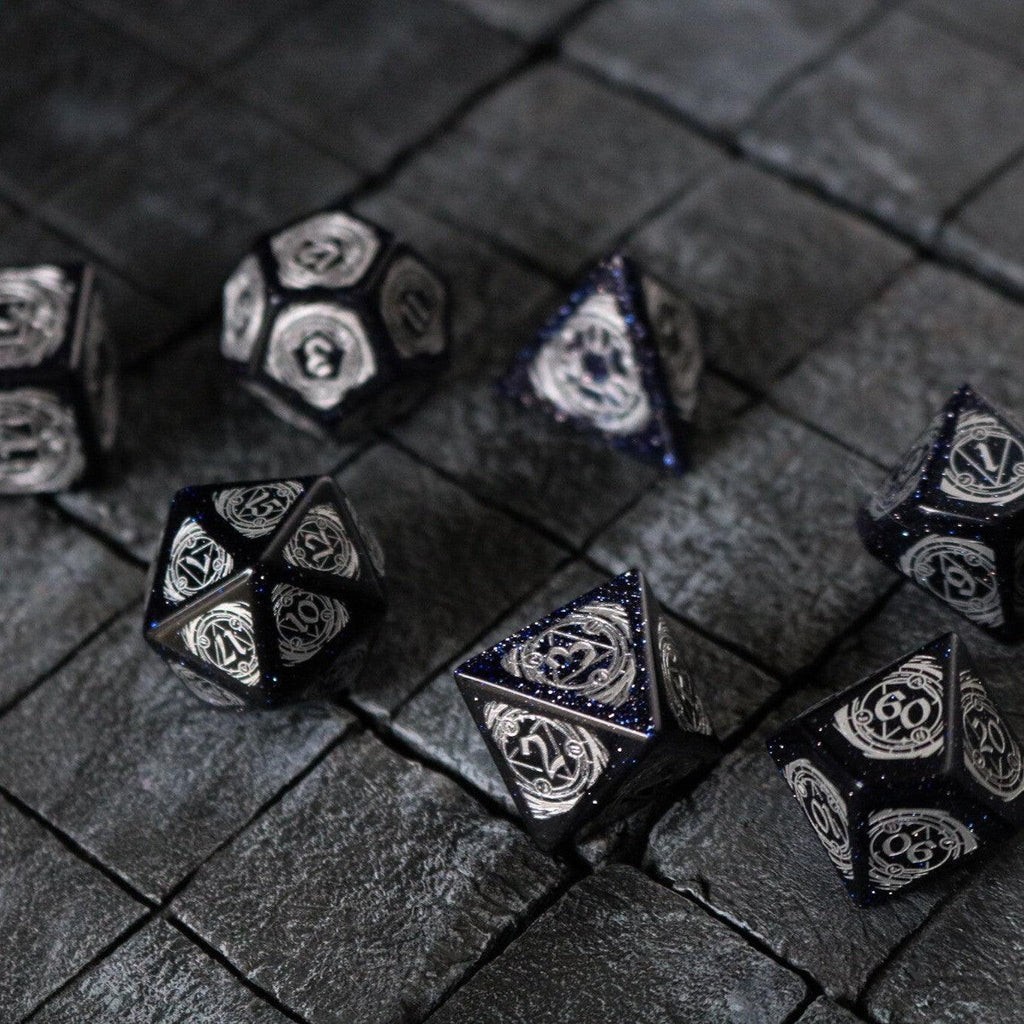Mage Fury Blue Sandstone Silver Font Gemstone DND Dice Set | Gemstone Dice | Wiccan Center
