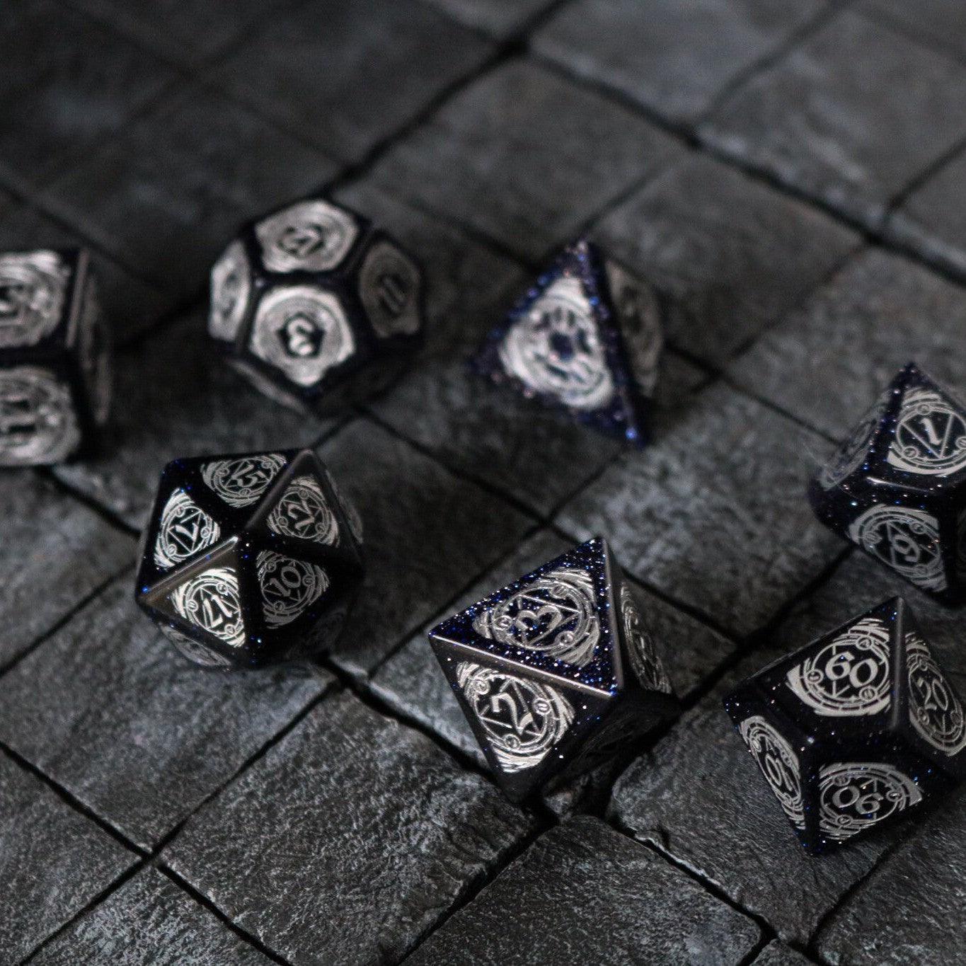Mage Fury Blue Sandstone Silver Font Gemstone DND Dice Set | Gemstone Dice | Wiccan Center