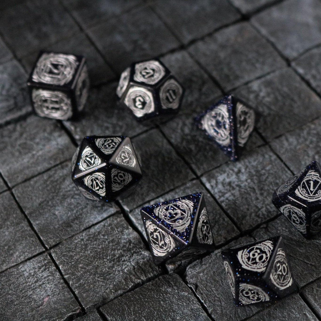 Mage Fury Blue Sandstone Silver Font Gemstone DND Dice Set | Gemstone Dice | Wiccan Center