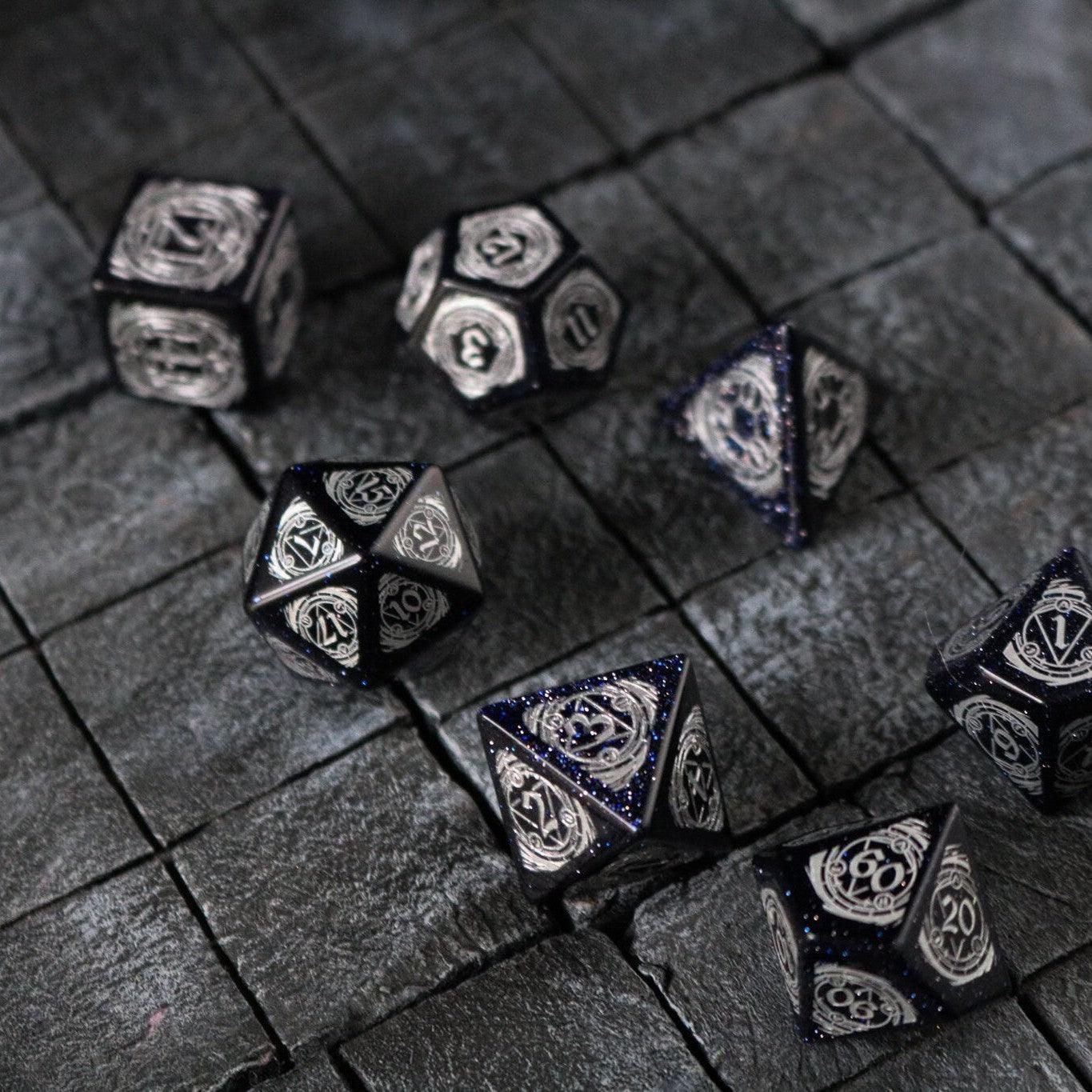 Mage Fury Blue Sandstone Silver Font Gemstone DND Dice Set | Gemstone Dice | Wiccan Center