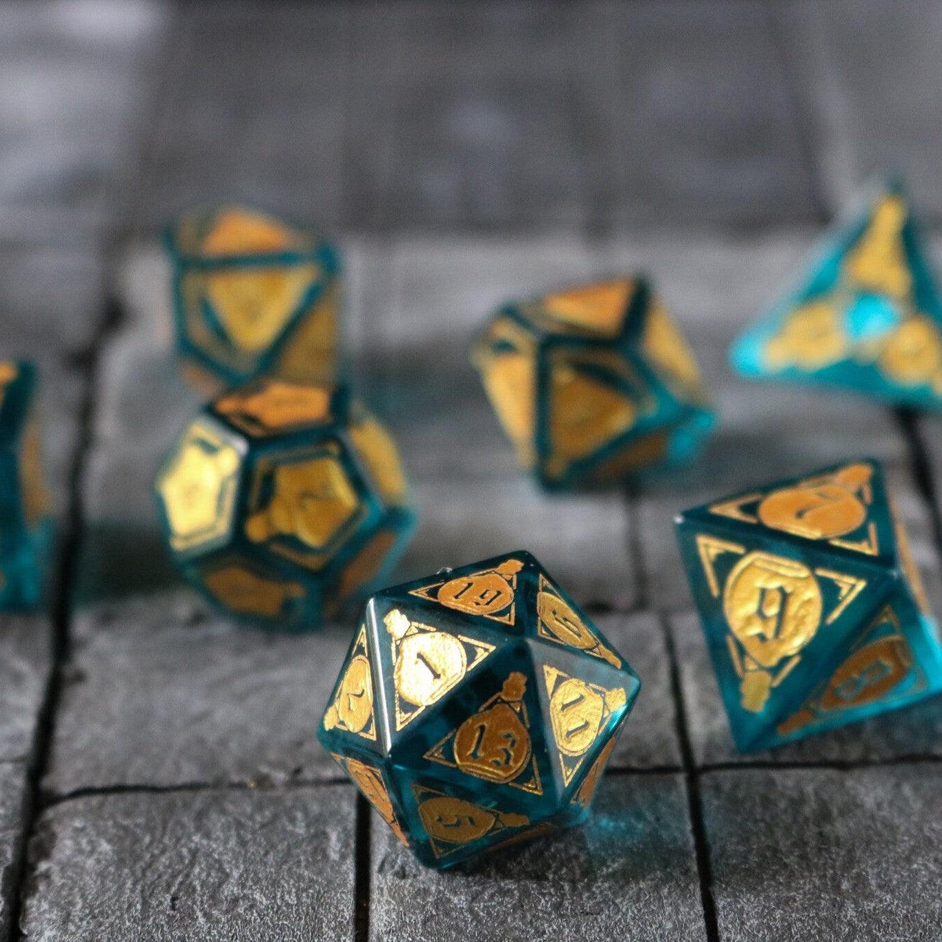 Mana Potion Blue Zircon Glass DND Dice Set | Gemstone Dice | Wiccan Center