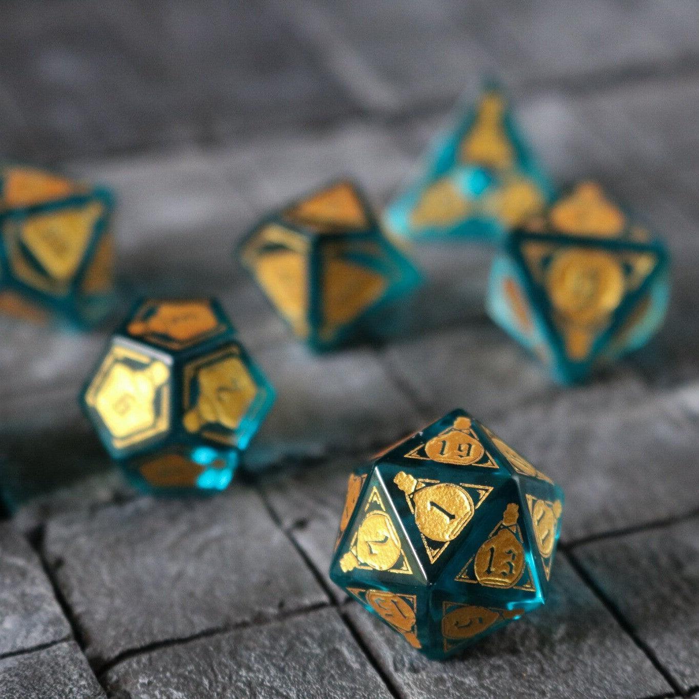 Mana Potion Blue Zircon Glass DND Dice Set | Gemstone Dice | Wiccan Center