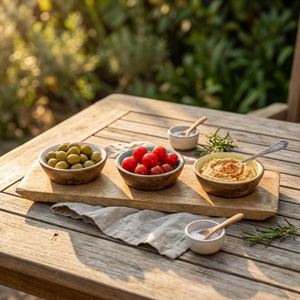 Mango Wood Condiment Set with Enamel Bowls