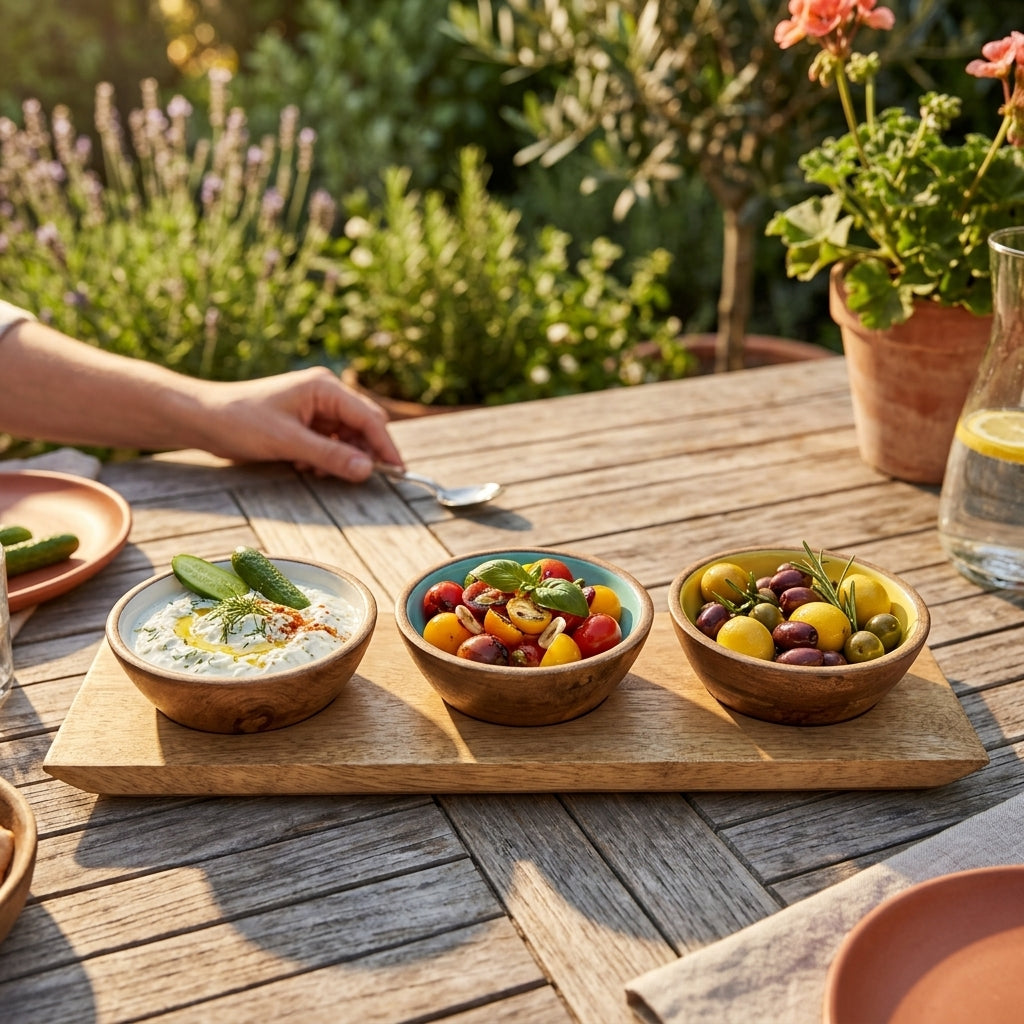 Mango Wood Condiment Set with Enamel Bowls