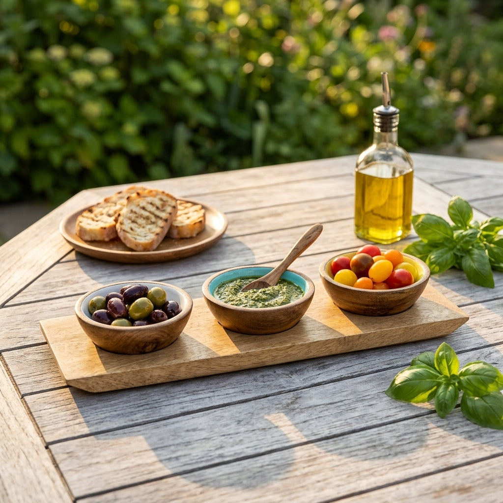 Mango Wood Condiment Set with Enamel Bowls