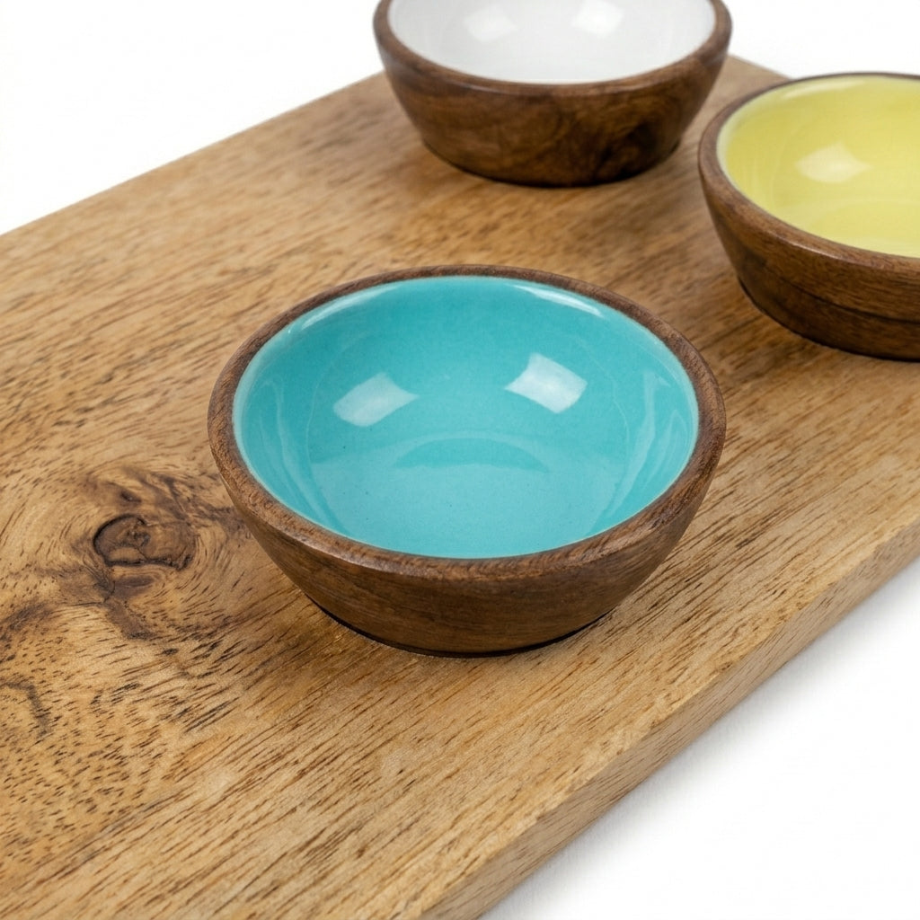 Mango Wood Condiment Set with Enamel Bowls