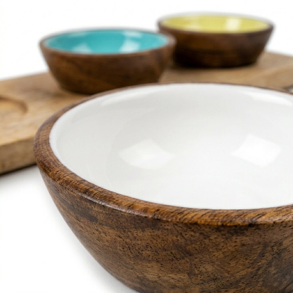 Mango Wood Condiment Set with Enamel Bowls
