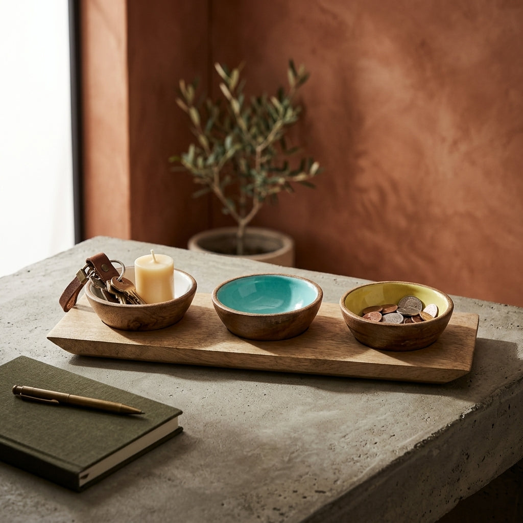 Mango Wood Condiment Set with Enamel Bowls