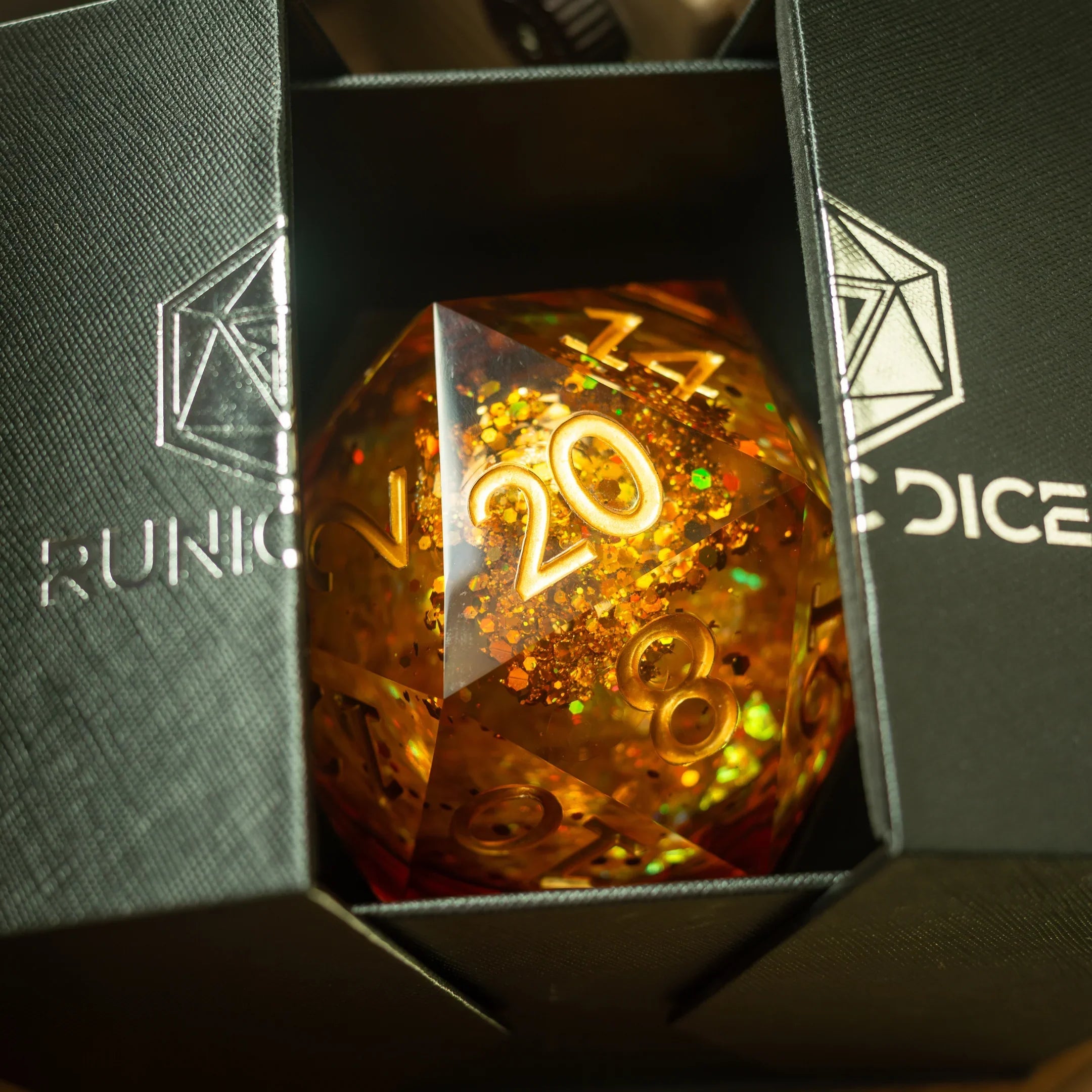 Massive Gold And Glitter Fireball Liquid Core 95MM Chonk Handmade Resin Dice And Box | Resin Chonk | Wiccan Center