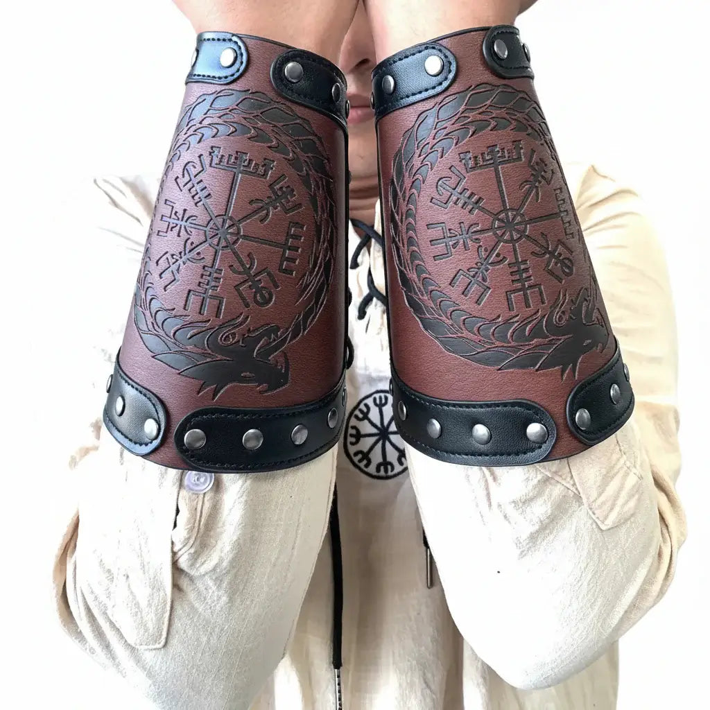 Medieval Viking Wear Nordic Compass Leather Bracelet Wide Arm Gauntlet Bracer