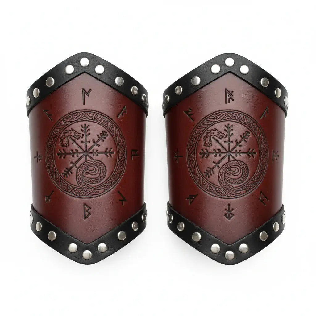 Medieval Viking Wear Nordic Compass Leather Bracelet Wide Arm Gauntlet Bracer