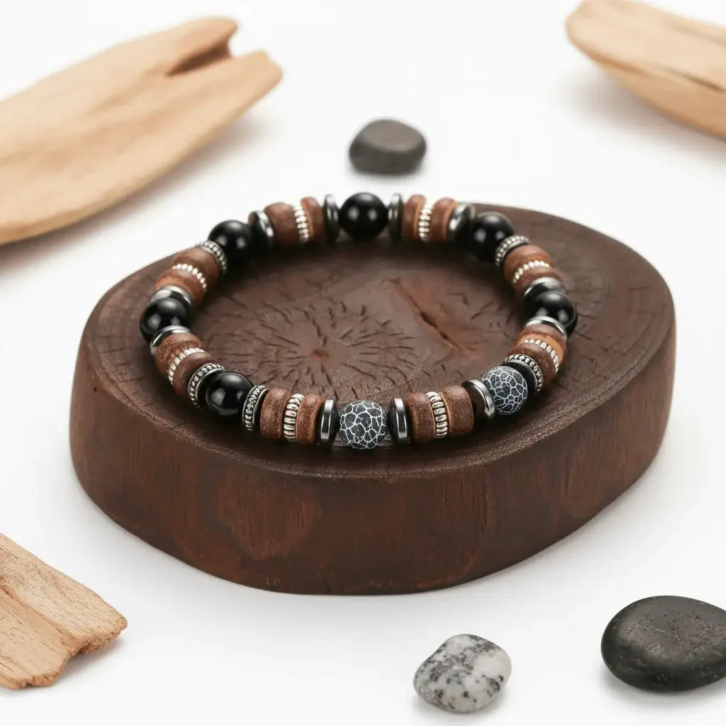Men's Vintage Onyx Wood Bead Bracelet