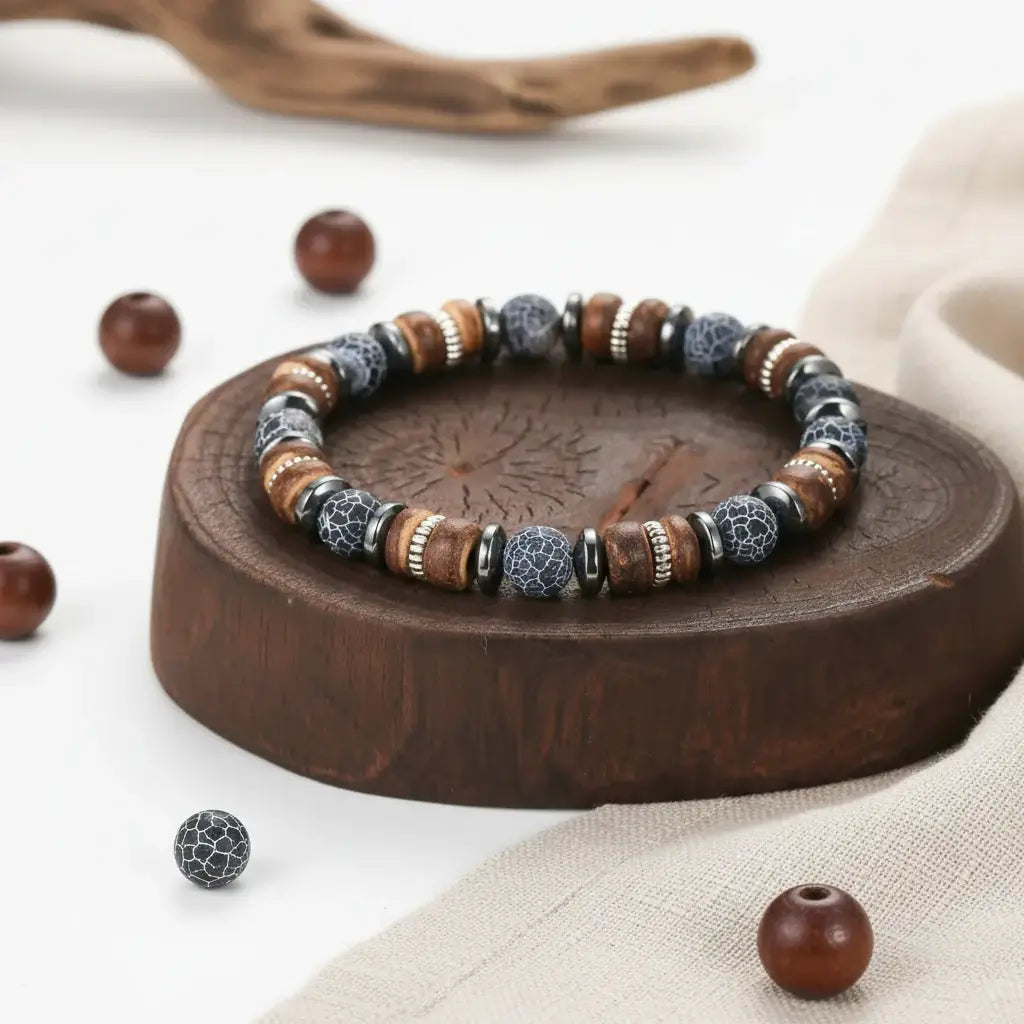 Men's Vintage Onyx Wood Bead Bracelet