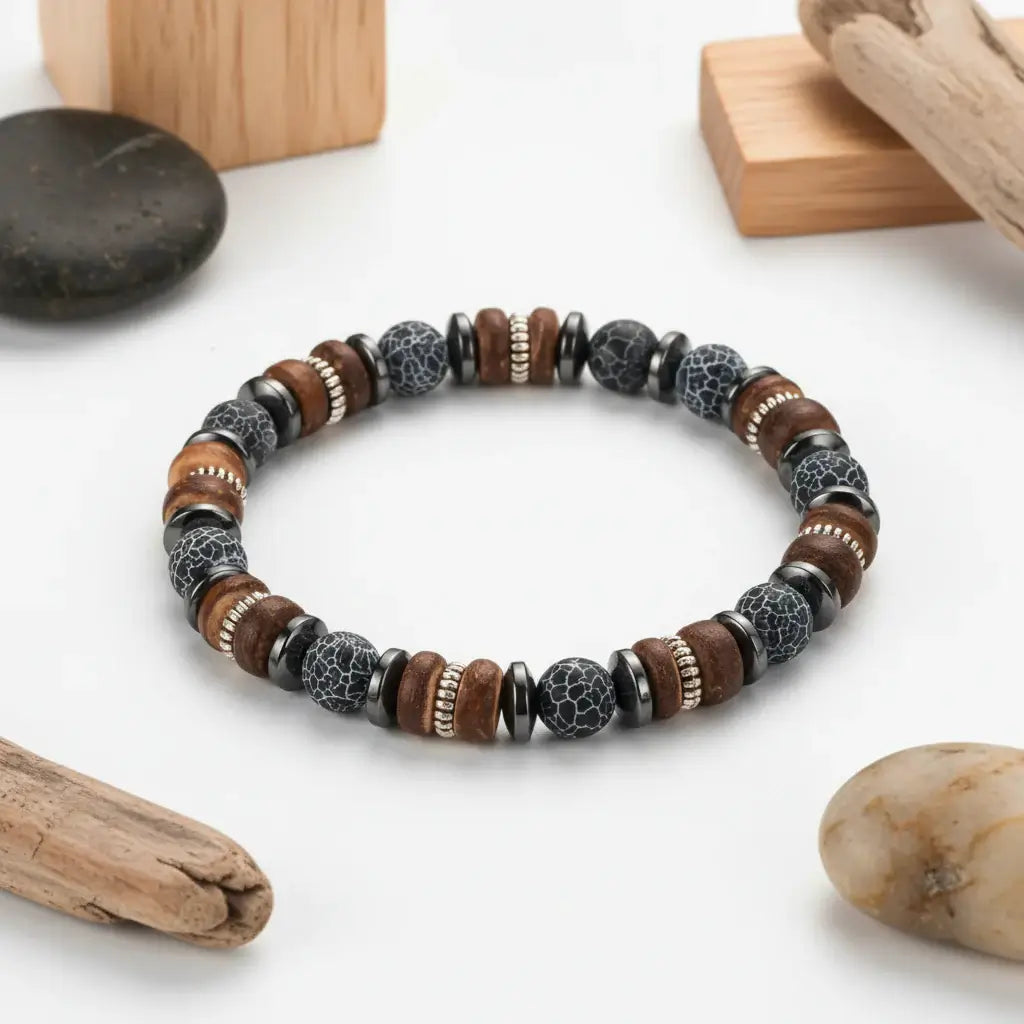 Men's Vintage Onyx Wood Bead Bracelet