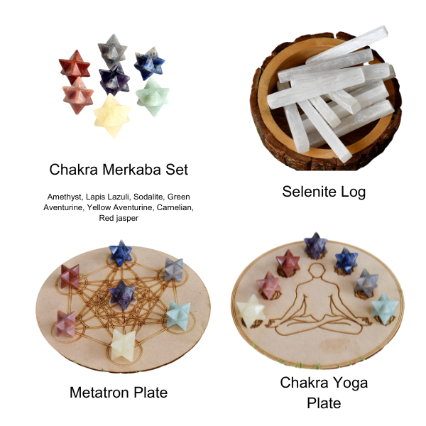 7 Chakra Merkaba Set, Chakra Crystals Set with Wooden Grid Plate, Selenite Log | Merkaba & Platonic Solids | Wiccan Center