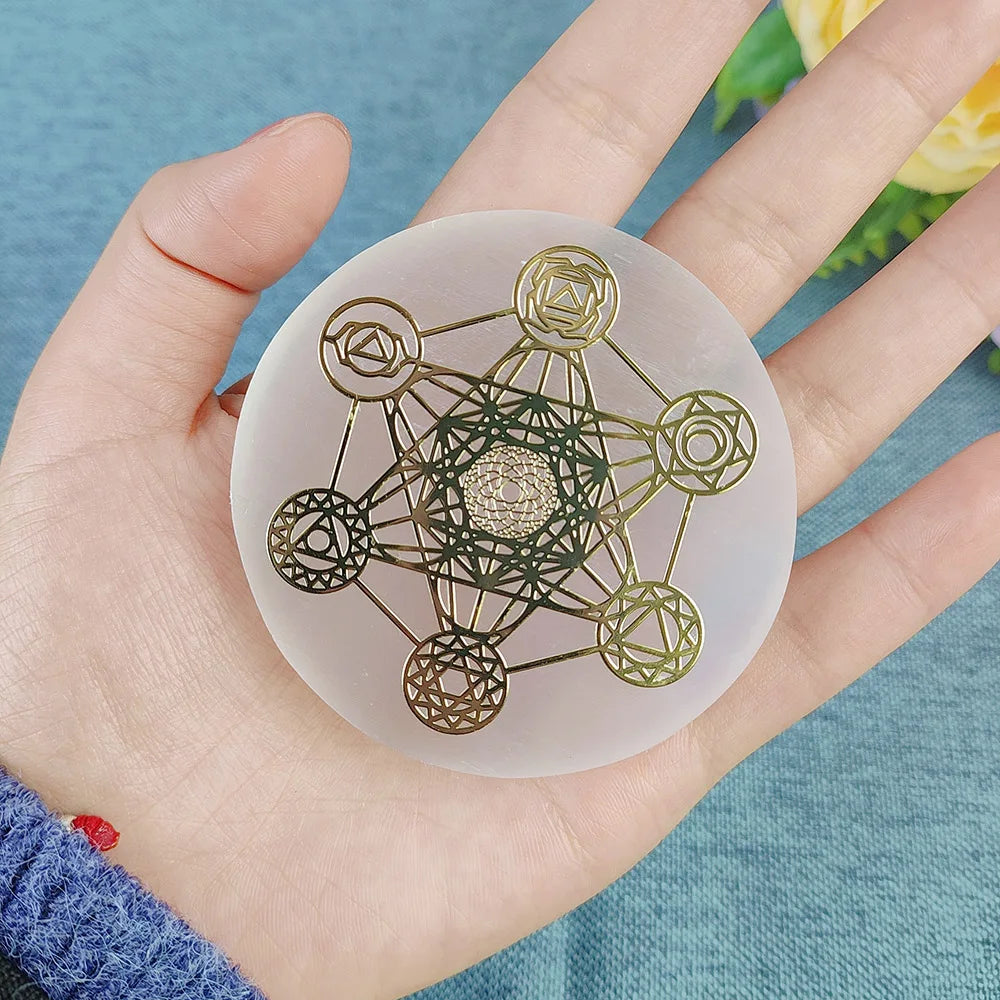 Selenite Spiritual Gold Symbol Plates | crystal | Wiccan Center