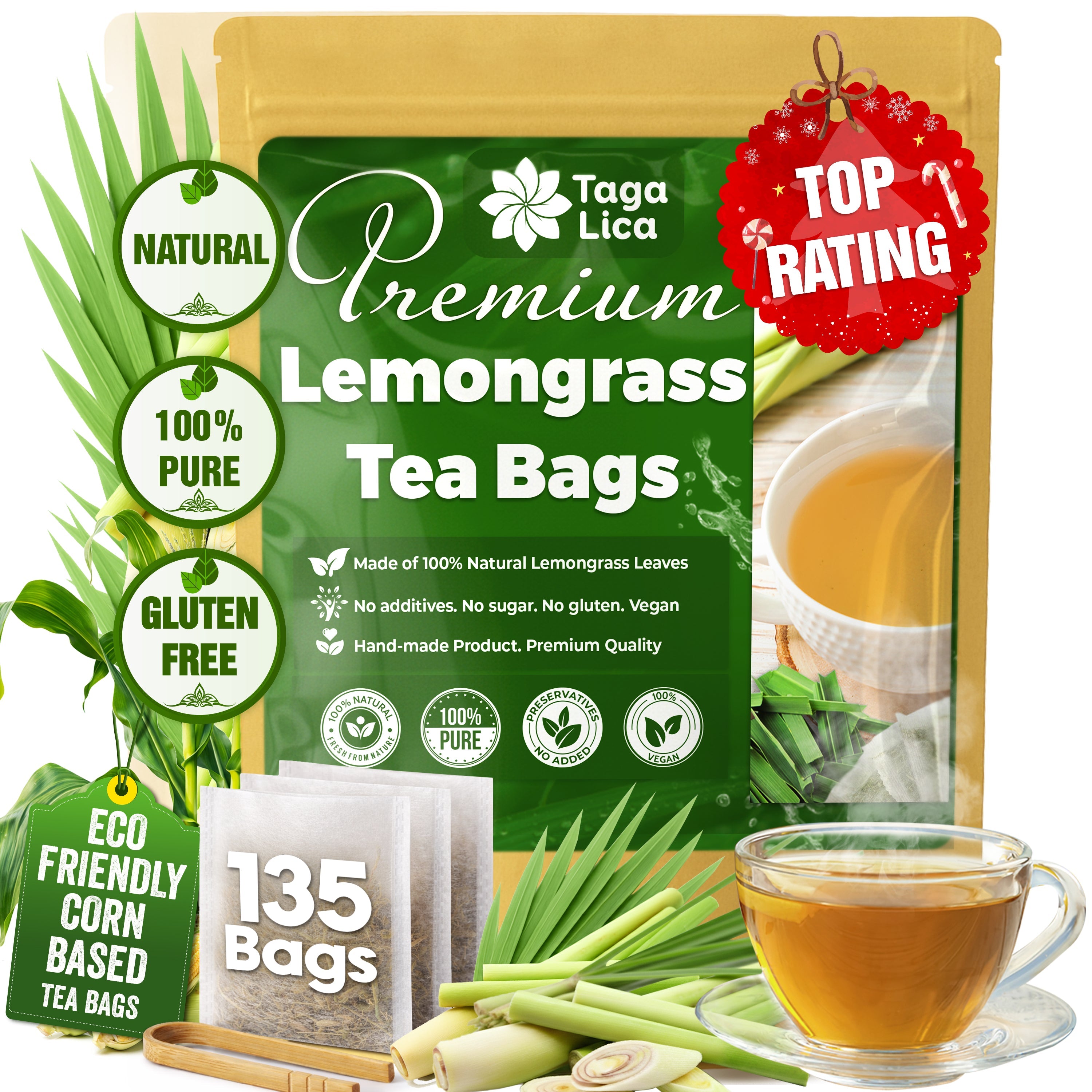 Lemongrass Tea Bags, 100% Natural & Pure Lemongrass leaves, Eco-Conscious Tea Bags, Lemongrass Herbal Tea. Lemongrass Leaf Tea. No Sugar, No Caffeine, No Gluten, Vegan. | Tea | Wiccan Center