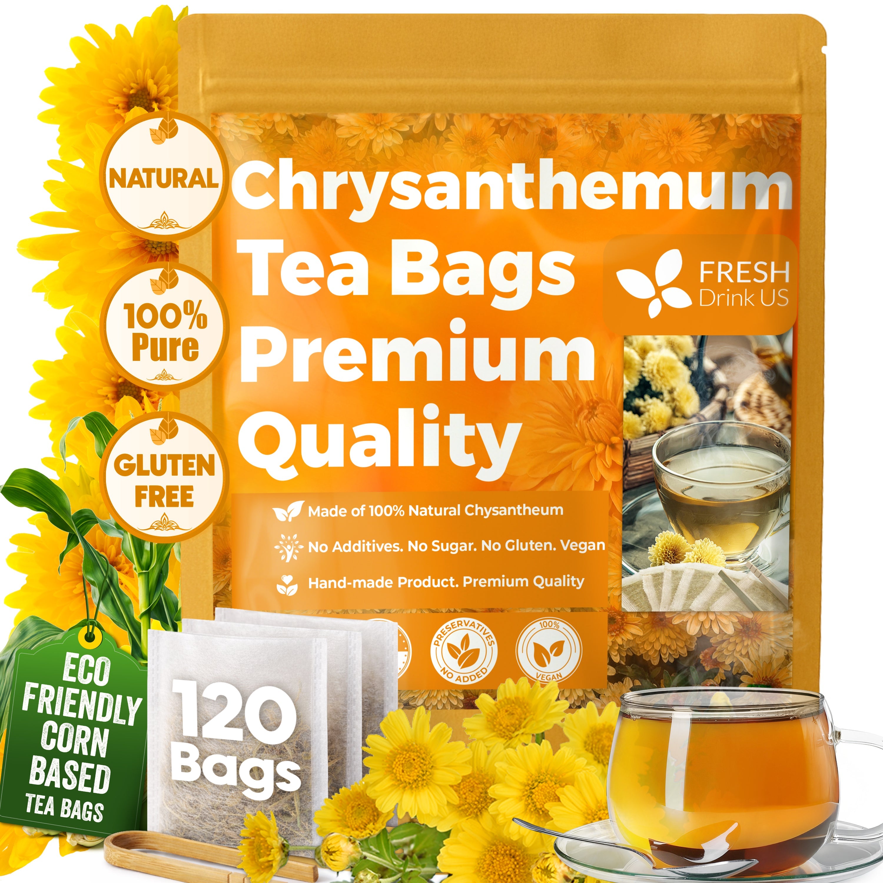 Premium Chrysanthemum Flower Tea Bags. Chrysanthemum Flower Herbal Tea. No Sugar, No Caffeine, No Gluten, Vegan. | Tea | Wiccan Center