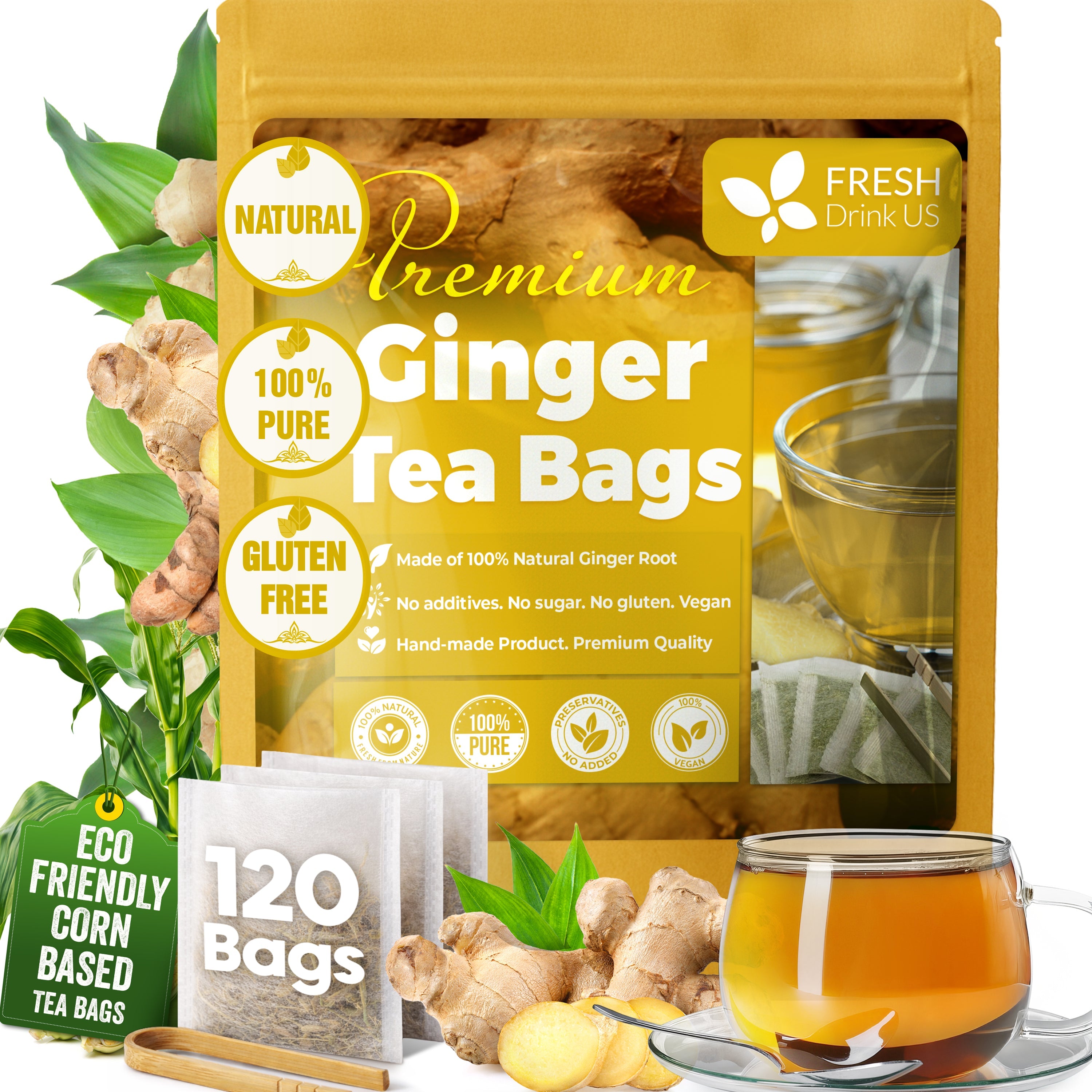Premium Ginger Tea Bags, 100% Natural & Pure from Ginger Roots, Ginger Tea, Ginger Herbal Tea. Ginger Tea. No Sugar, No Caffeine, No Gluten, Vegan. | Tea | Wiccan Center
