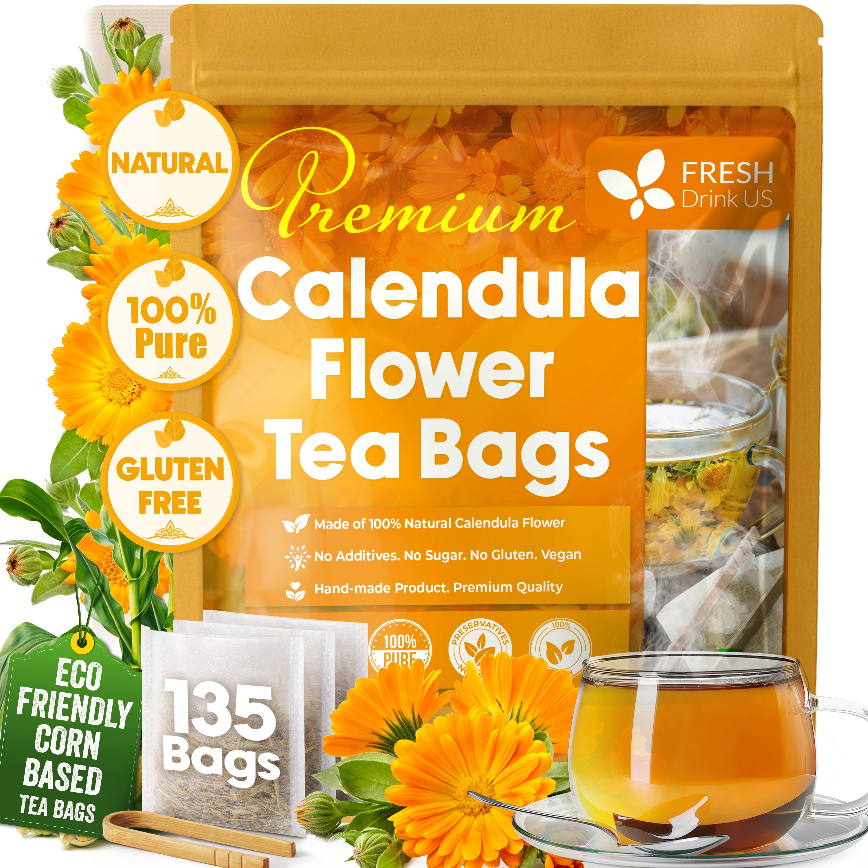 Calendula Tea Bags, 100% Natural and Pure Calendula Flowers, Eco-conscious Tea Bags. Calendula Flower Herbal Tea. No Sugar, No Caffeine, No Gluten, Vegan. | Tea | Wiccan Center