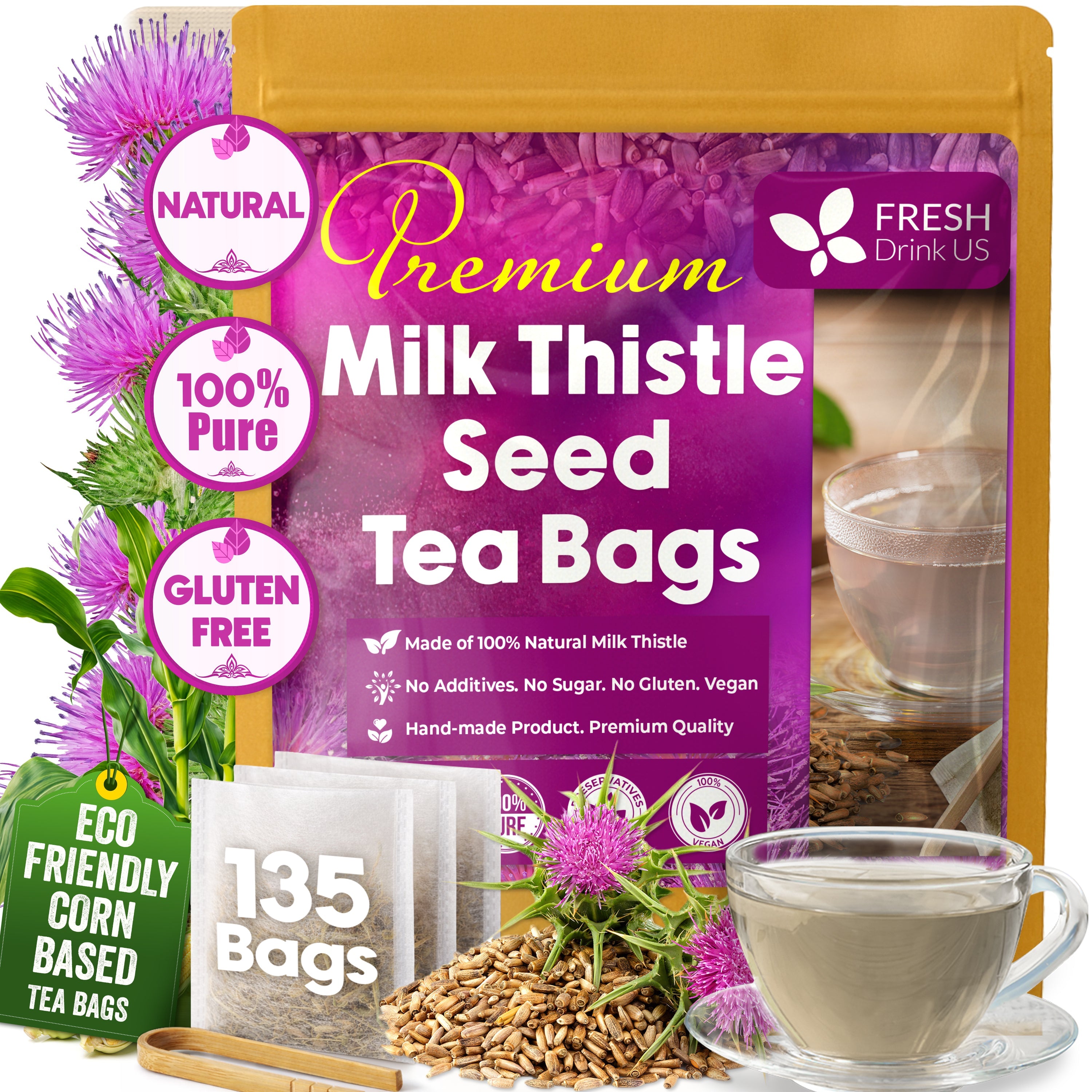 Premium Milk Thistle Tea Bags, 100% Natural & Pure from Milk Thistle Seeds. Milk Thistle Seed Herbal Tea. Milk Thistle Seed Tea. Made with Natural Material Tea Bags. No Sugar, No Caffeine, No Gluten, Vegan. | Tea | Wiccan Center