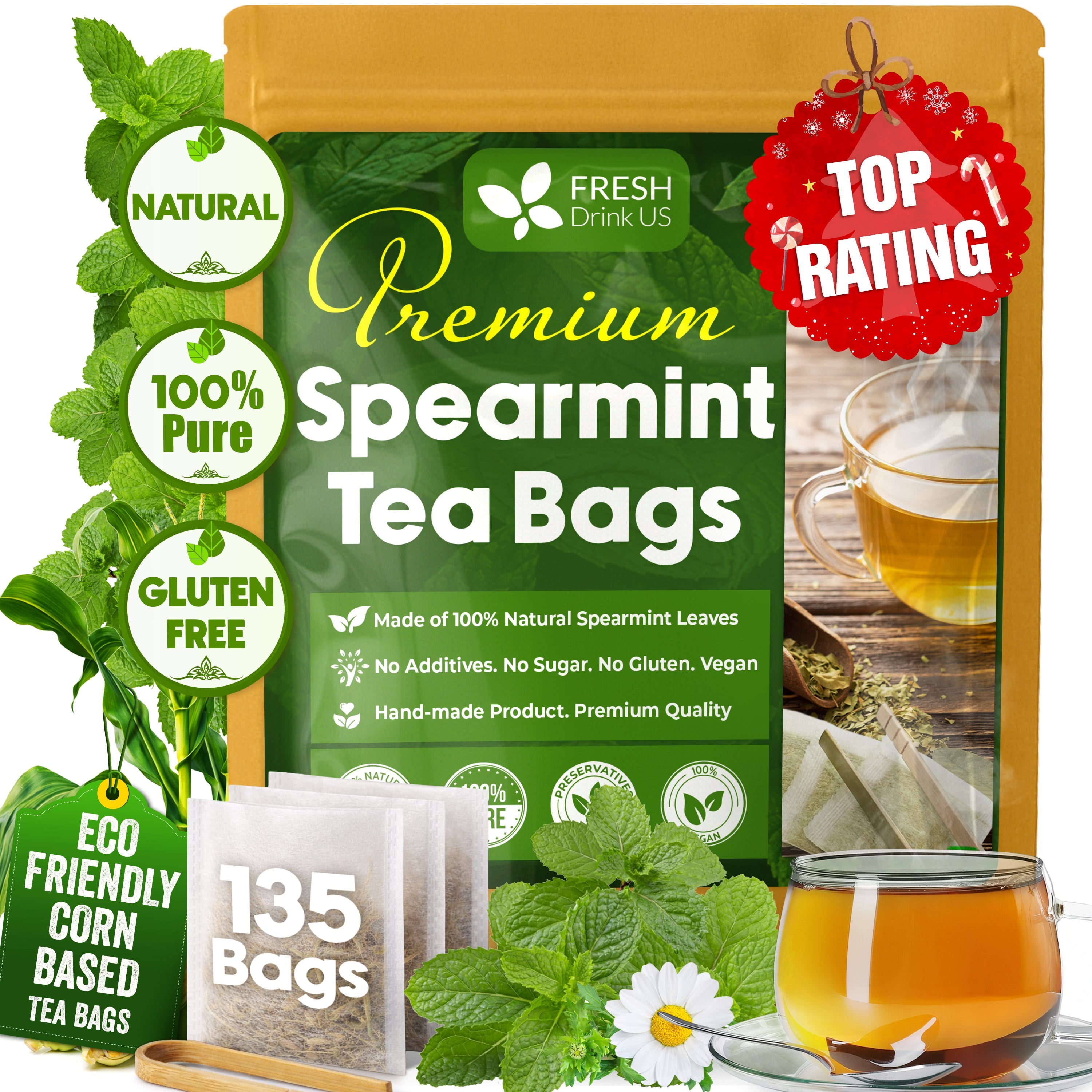Spearmint Tea Bags, 100% Natural & Pure Spearmint Leaves. Loose Leaf Spearmint Herbal Tea. Spearmint Leaf Tea. No Sugar, No Caffeine, No Gluten, Vegan. | Tea | Wiccan Center