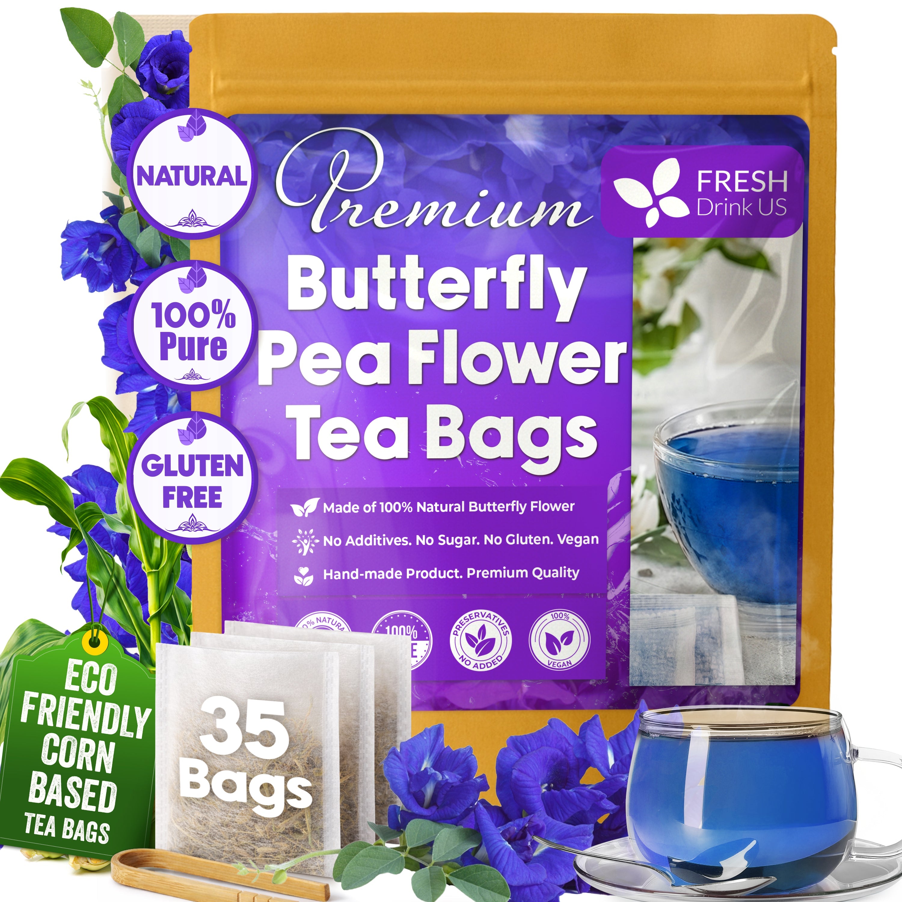 Premium Butterfly Pea Flowers, Tea Bags, 100% Natural and Pure from Butterfly Pea Flowers, Hand-made, Made With Natural Materials-Corn Fiber Tea Bag, Sugar/Caffeine/Gluten Free | Tea | Wiccan Center