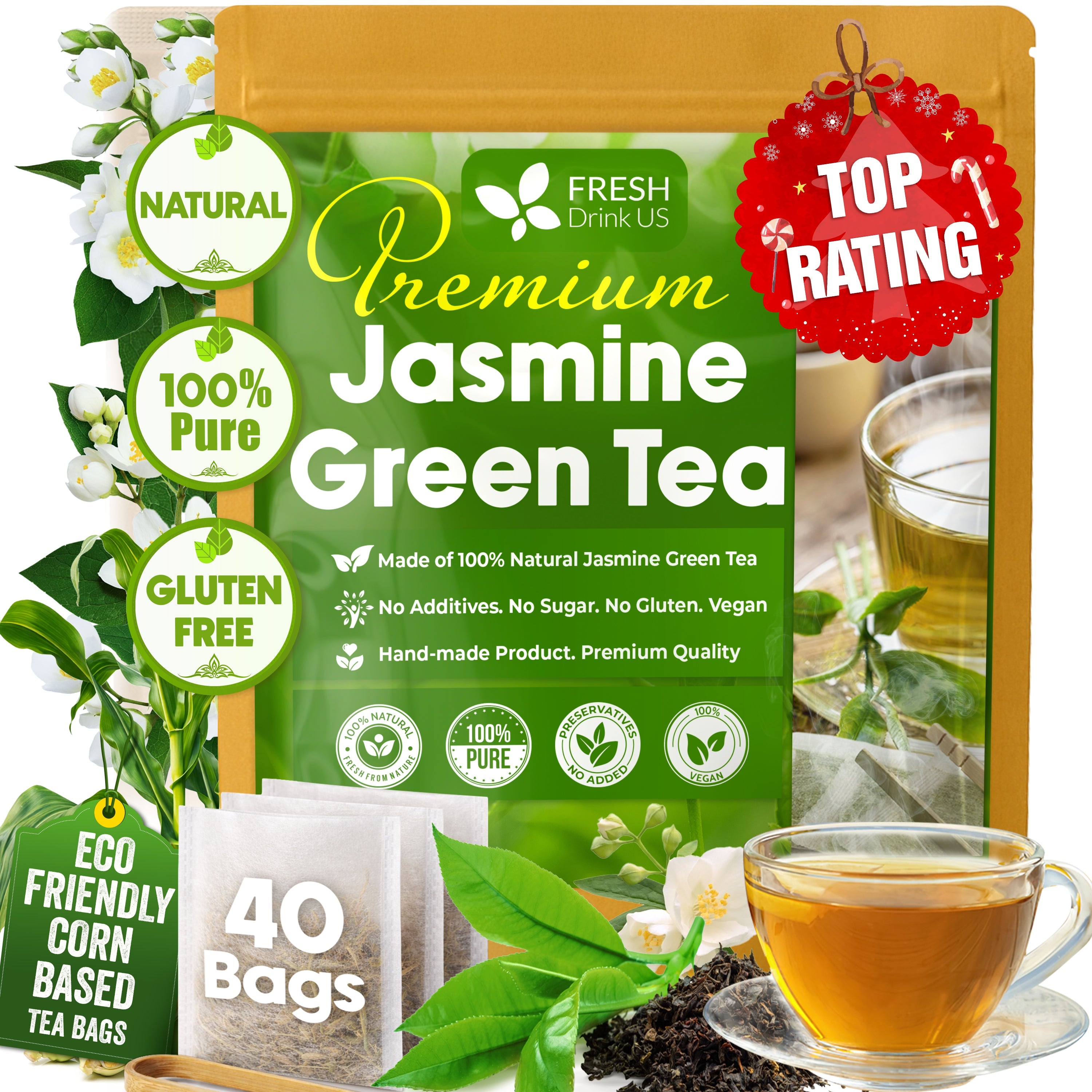 Premium Jasmine Green Tea Bags. Jasmine Green Herbal Tea. Made with Natural Material Tea Bags. No Sugar, No Gluten, Vegan. | Tea | Wiccan Center