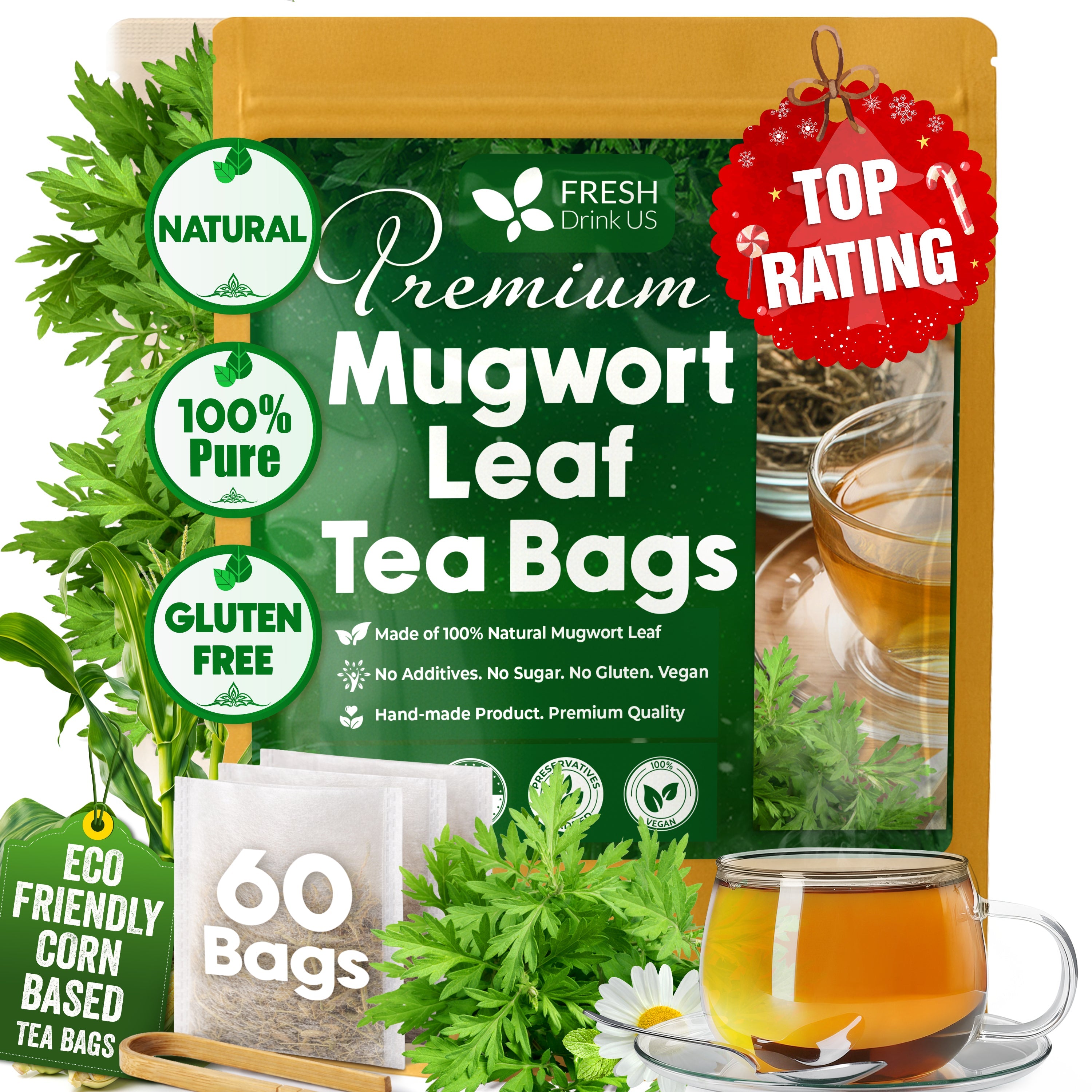 Mugwort Leaf Tea Bags, 100% Natural and Pure Mugwort Leaves, Loose Leaf Mugwort Herbal Tea, Mugwort Leaf Tea, No Sugar, No Caffeine, No Gluten, Vegan. | Tea | Wiccan Center