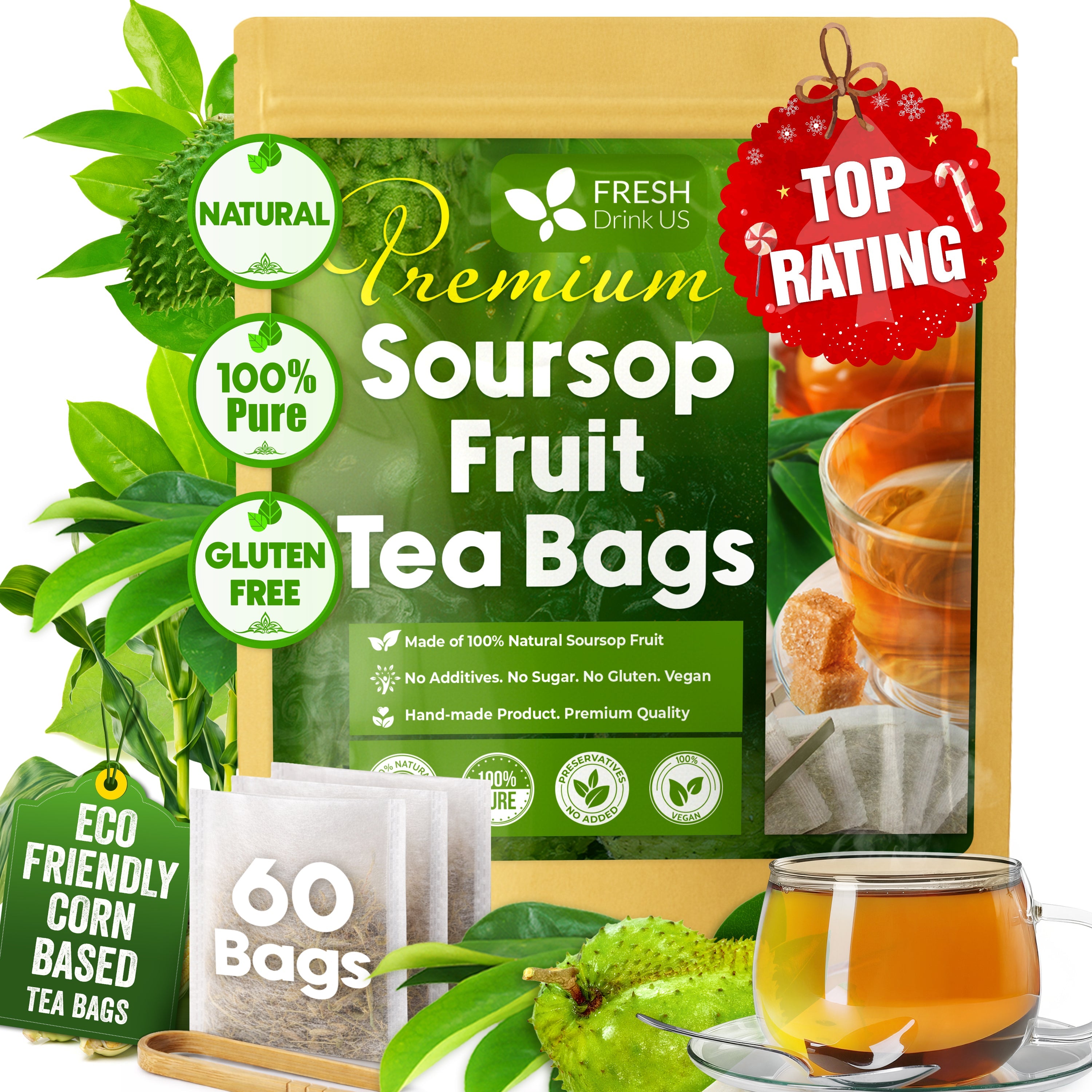 Premium Soursop Graviola Fruit Tea Bags, Tea Powder, 100% Natural and Pure from Soursop Fruits, Handmade, Made With Natural Materials-Corn Fiber Tea Bag, Sugar/Caffeine/Gluten Free, Hoja Guanabana Tea | Tea | Wiccan Center