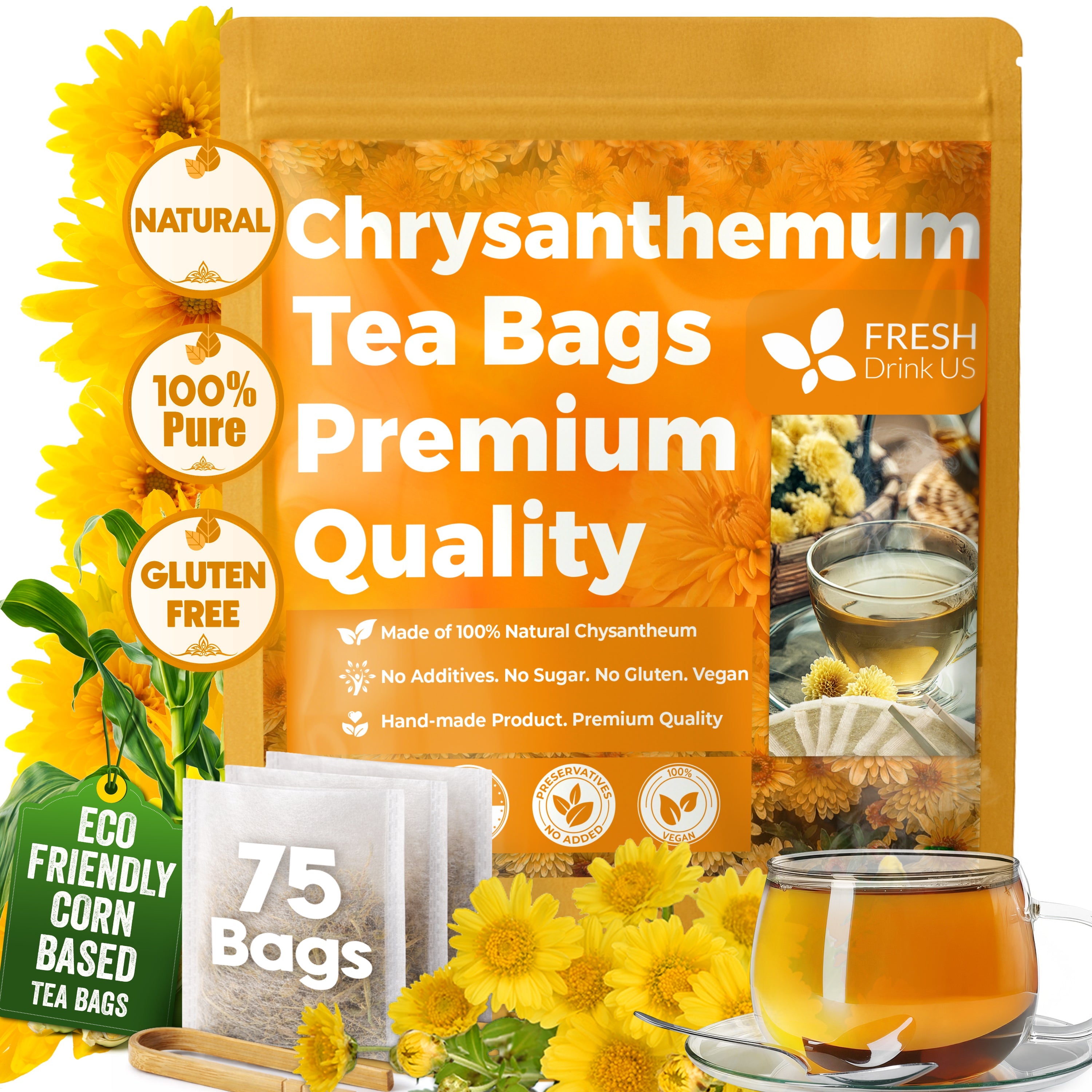 Premium Chrysanthemum Flower Tea Bags. Chrysanthemum Flower Herbal Tea. No Sugar, No Caffeine, No Gluten, Vegan. | Tea | Wiccan Center