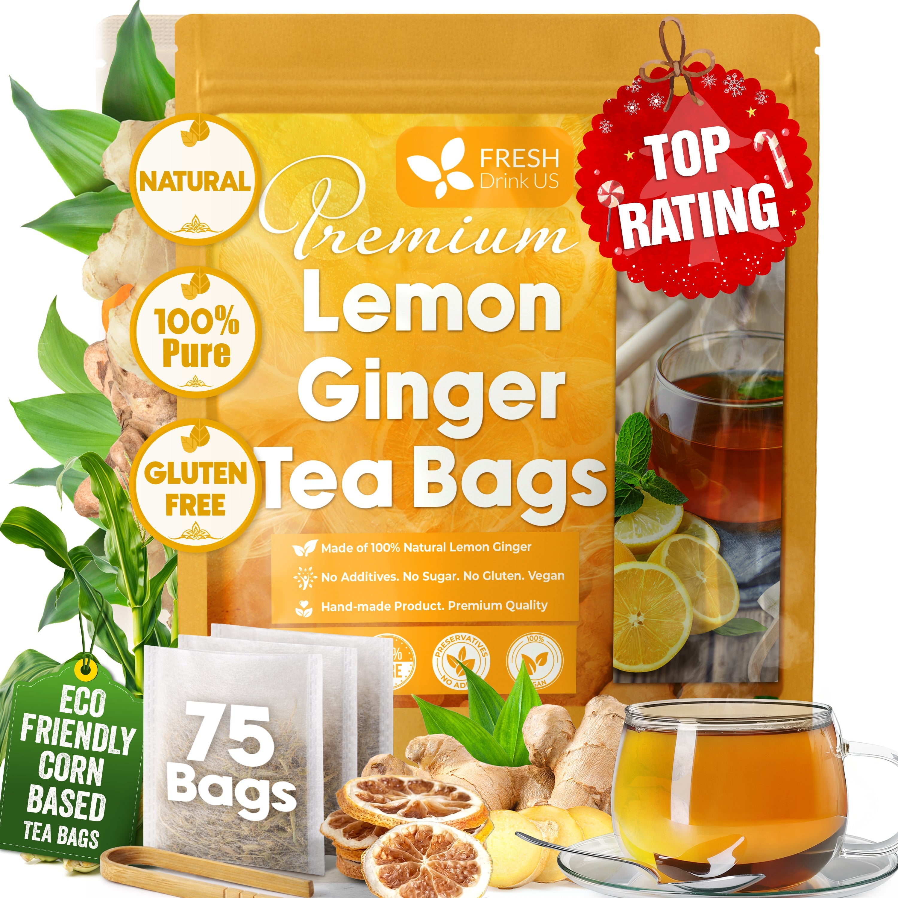Premium Lemon Ginger Tea Bag, Eco-conscious Tea Bags. Lemon Ginger Herbal Tea. No Sugar, No Caffeine, No Gluten, Vegan. | Tea | Wiccan Center