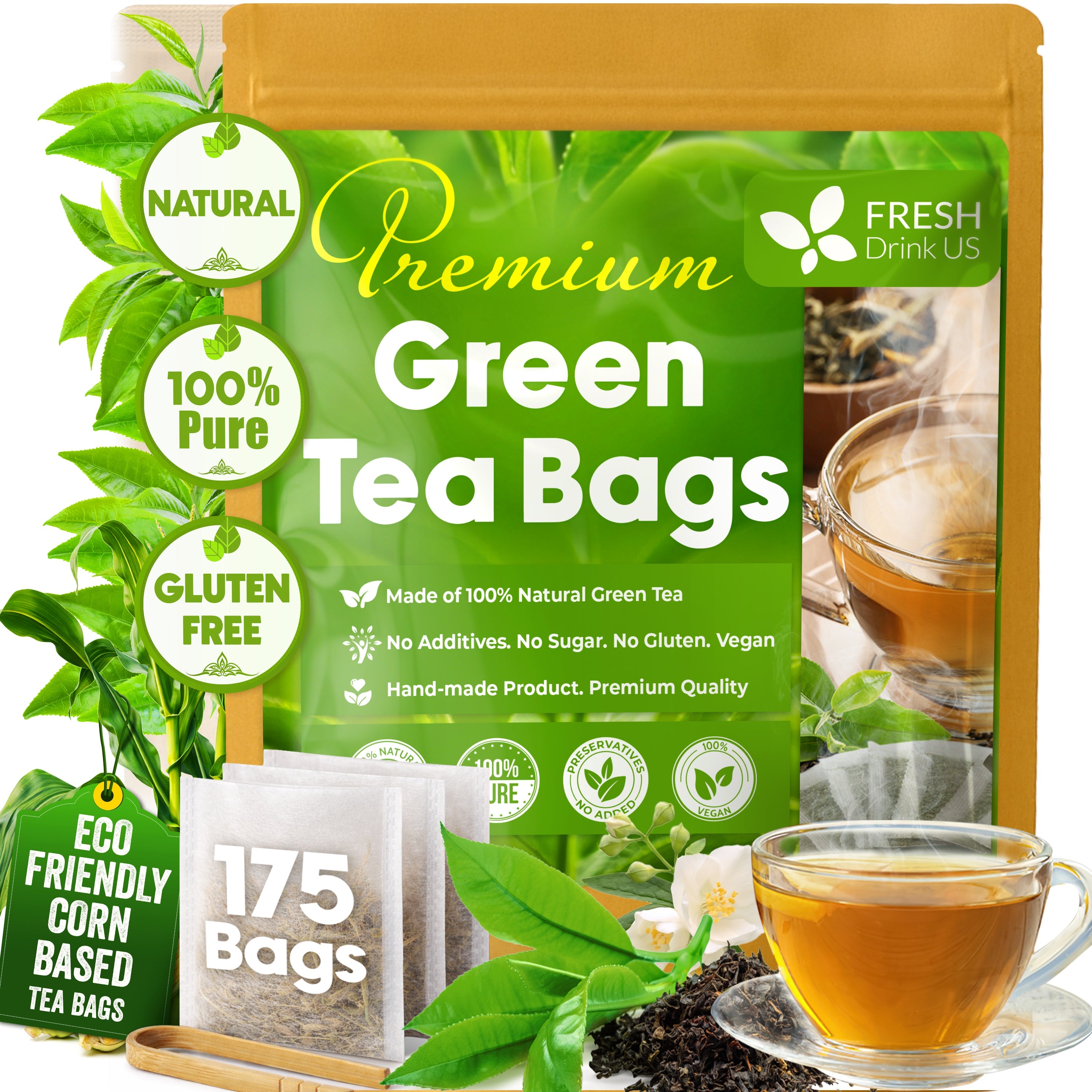 Premium Green Tea Bags, 100% Natural & Pure from Green Tea. Green Herbal Tea. No Sugar, No Gluten, Vegan | Tea | Wiccan Center