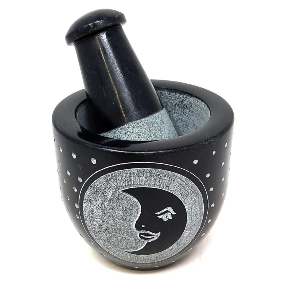 Moon Carved Black Soapstone Mortar & Pestle 3"W x 3"H | Mortar & Pestle | Wiccan Center