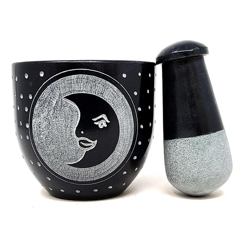 Moon Carved Black Soapstone Mortar & Pestle 3"W x 3"H | Mortar & Pestle | Wiccan Center