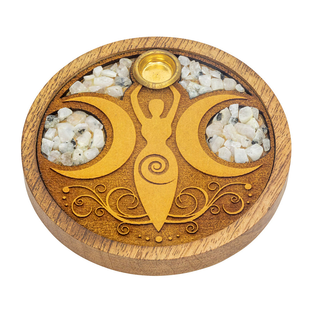 Laser Etched Wood Round Incense Holder - Moon Goddess w/ Rainbow Moonstone Inlay | Incense Burner | Wiccan Center