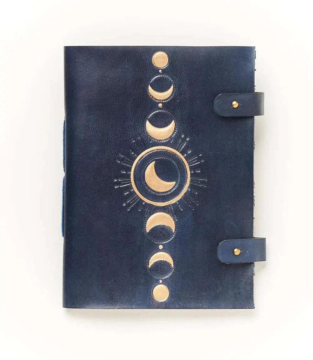 Blue Moon Phase Leather Journal w/ snaps | Sacred Book Store | Wiccan Center